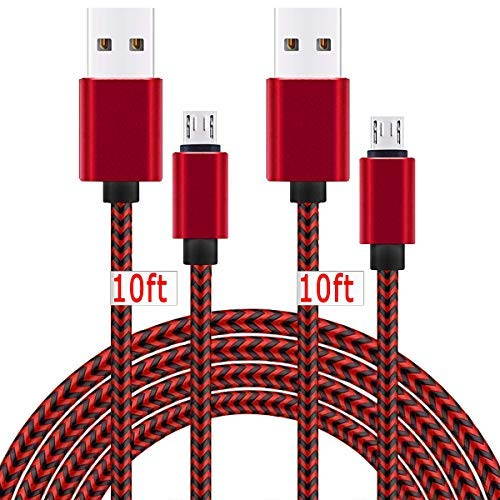 2 Pack 10Ft Android Charger Cable Micro USB Charging Cord 2A Fast Quick Power and Data Sync for Samsung Galaxy S7/S6 Edge/Plus/Active, J7 J3, Note 5/4, PS4 Xbox One Controller, LG G4, Moto G5 - Red