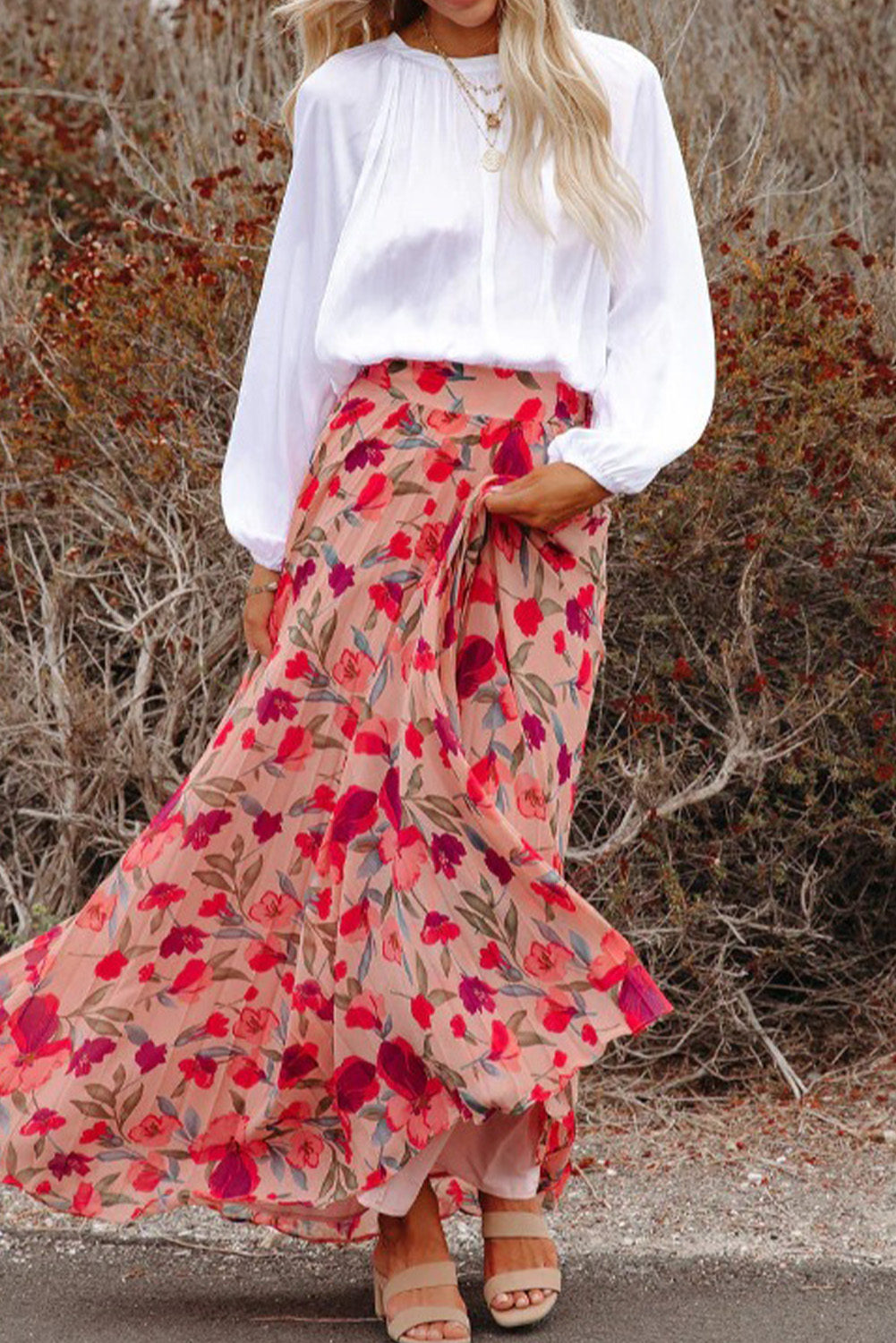 I.N. Studio Romantic Ditsy Floral Print Pucker Knit Tiered Midi Skirt