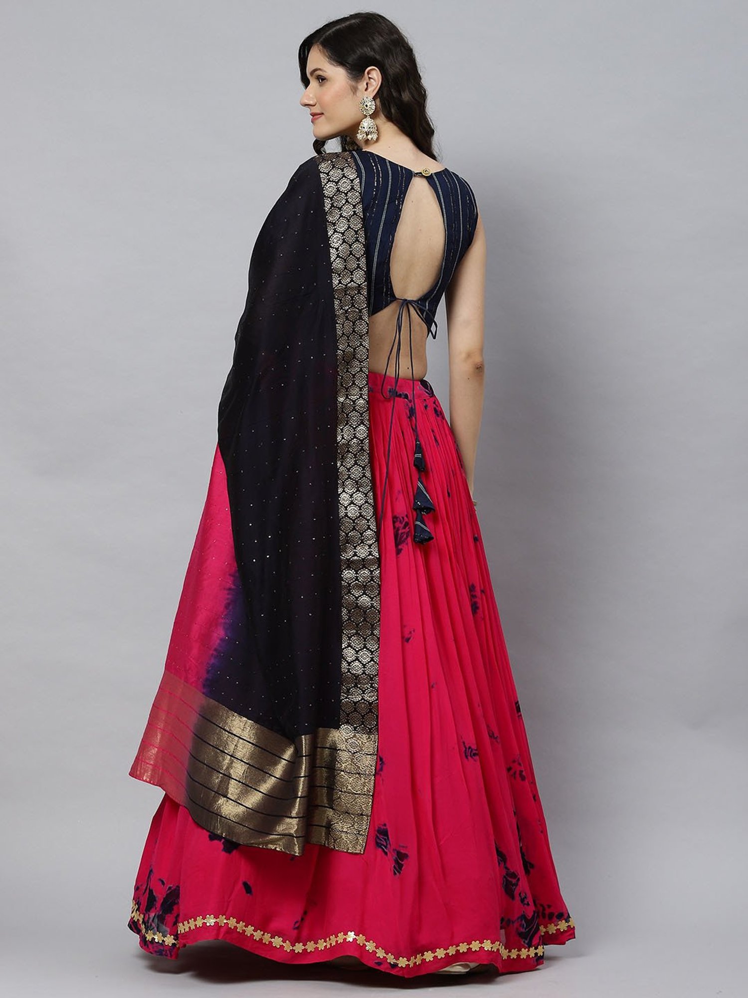 SHUBHKALA Pink & Navy Embellished Lehenga Choli Set With Dupatta
