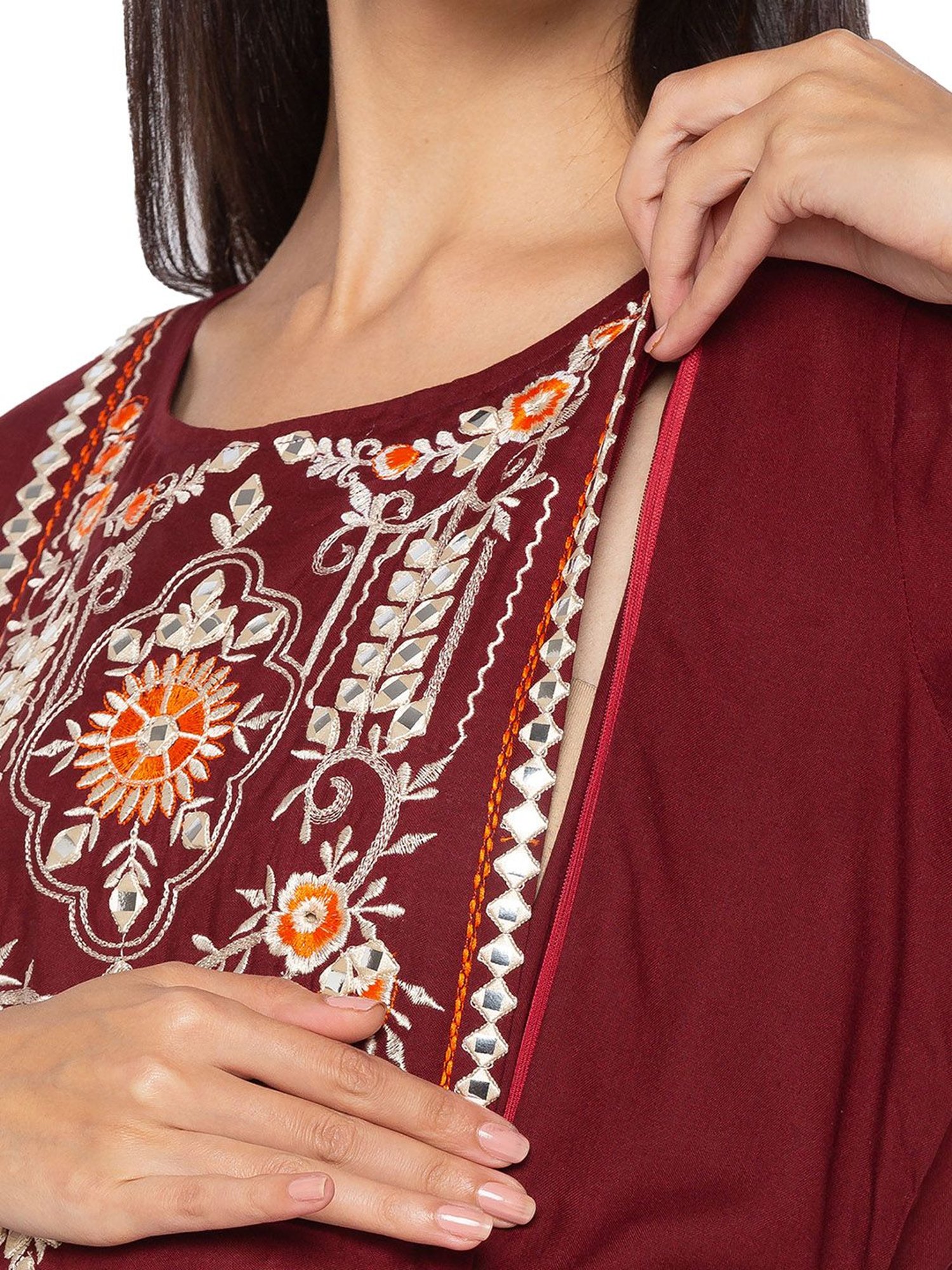 MomToBe Maroon Embroidered Maternity Dress