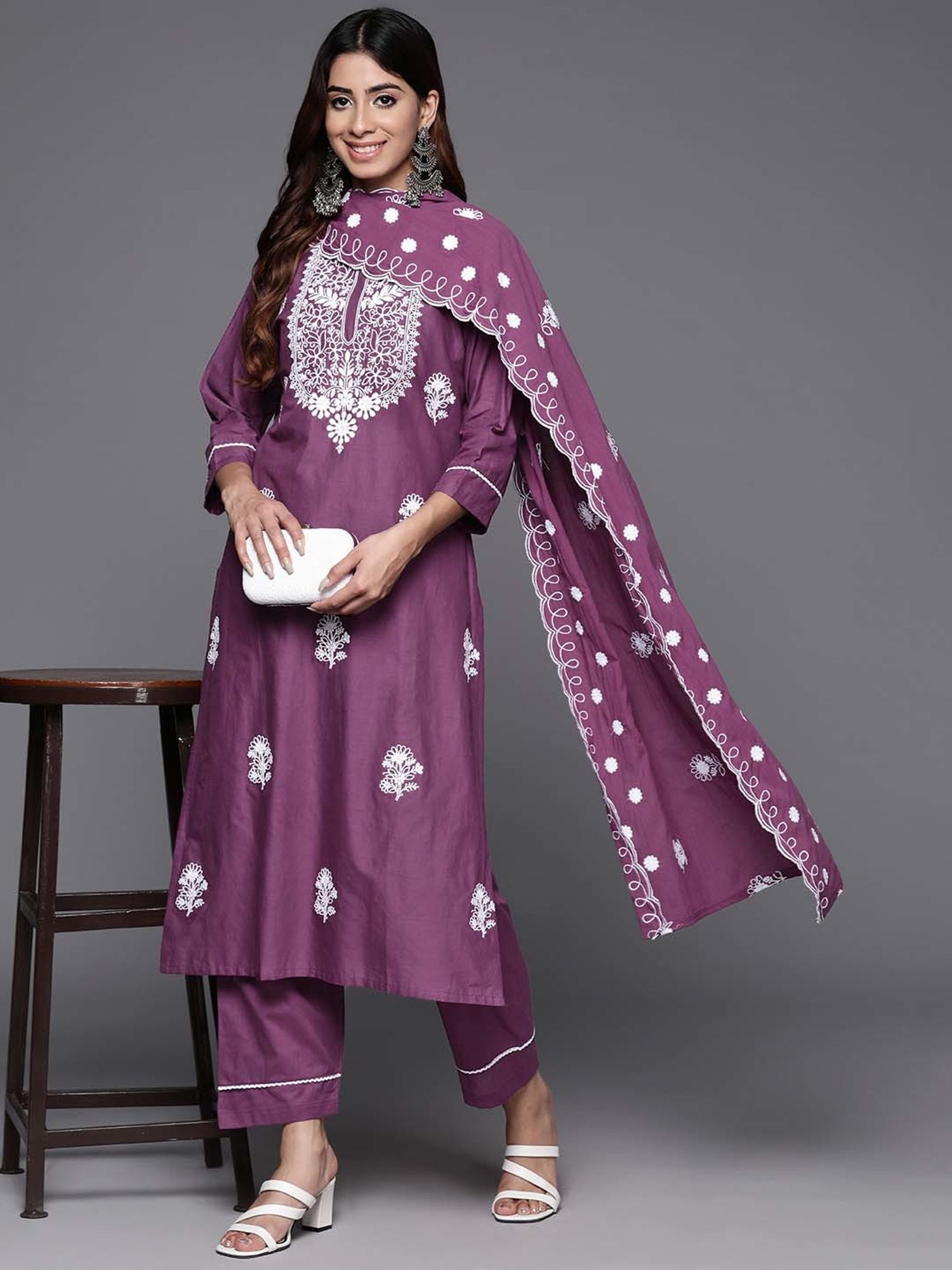 Varanga Purple Cotton Embroidered Kurta Pant Set With Dupatta