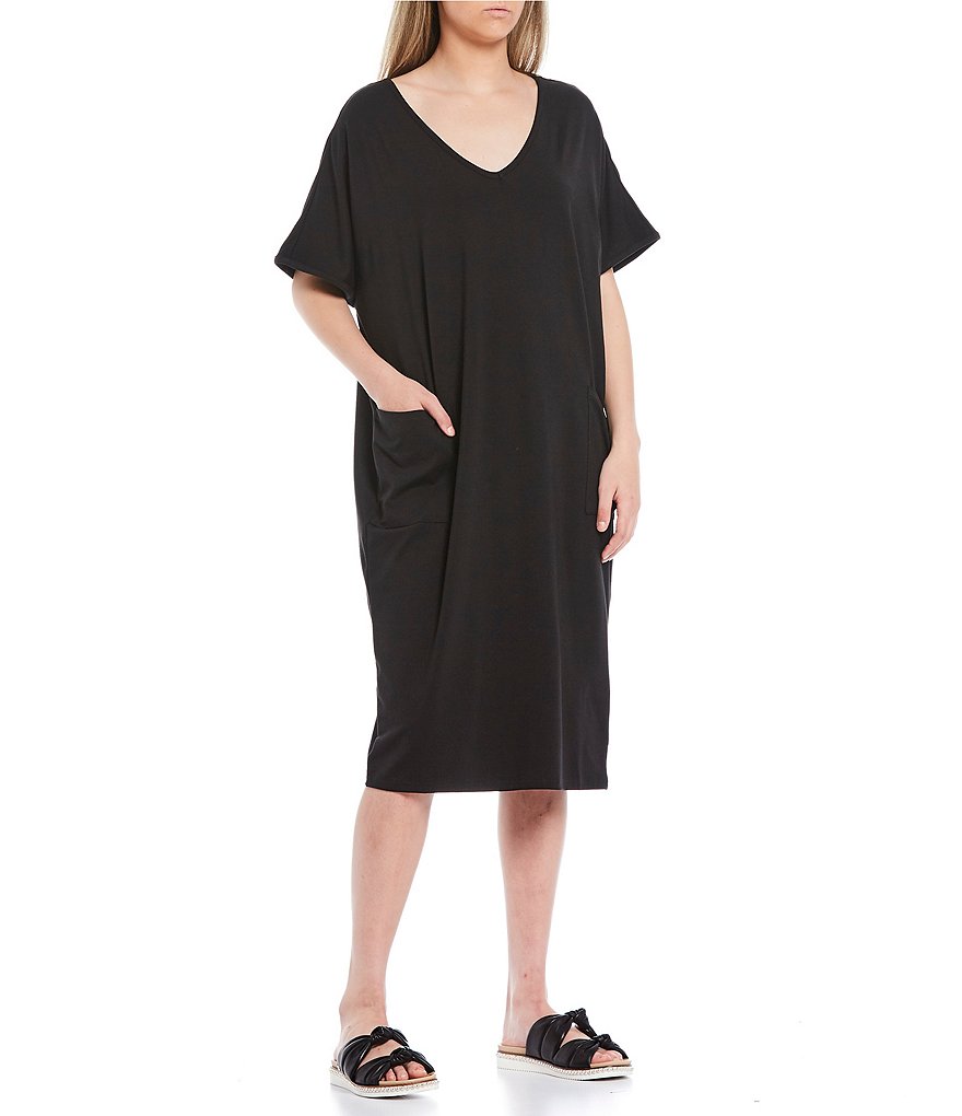 Kate Landry Solid Knit V-Neck Short Sleeve Midi Lounge Dress