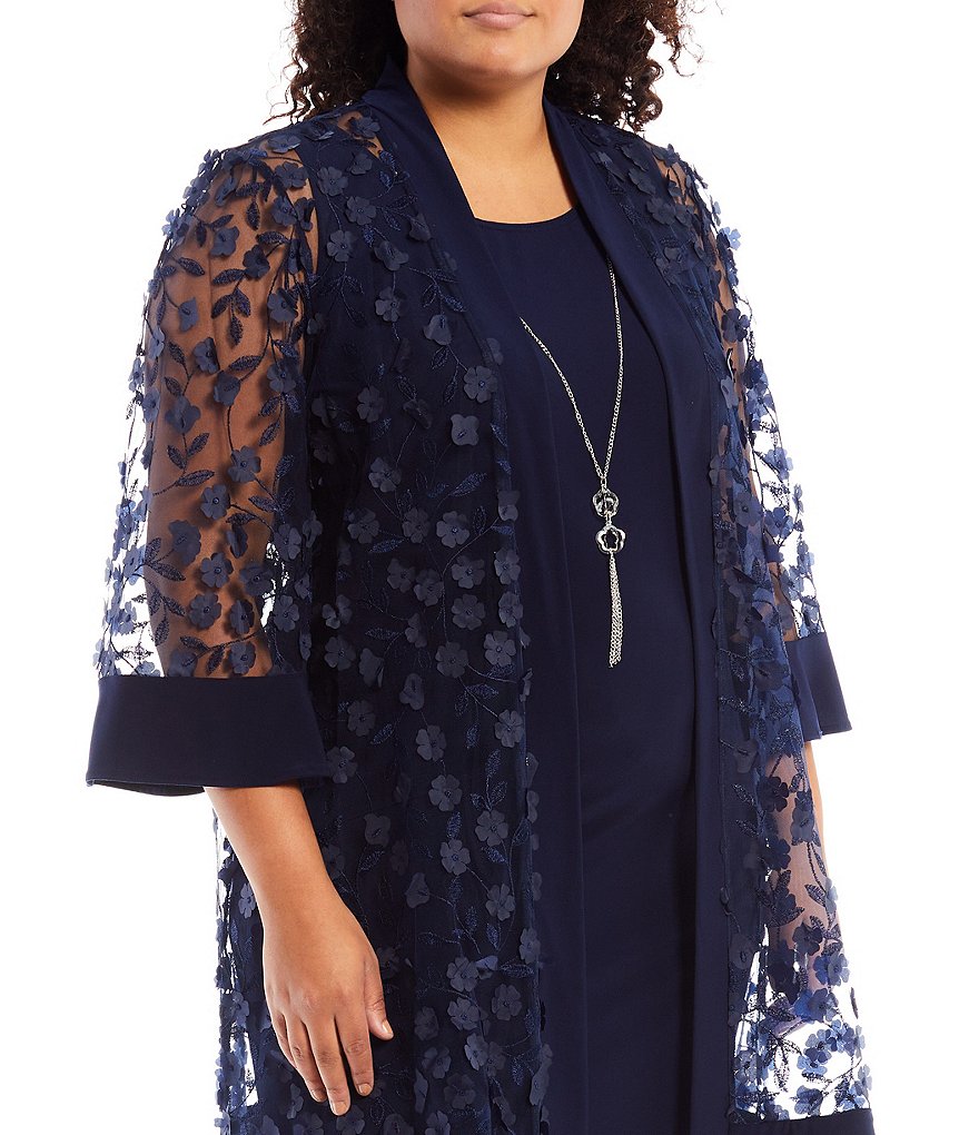 R & M Richards Plus Size Jersey Knit 3D Flowers 2-Piece Jacket Dress