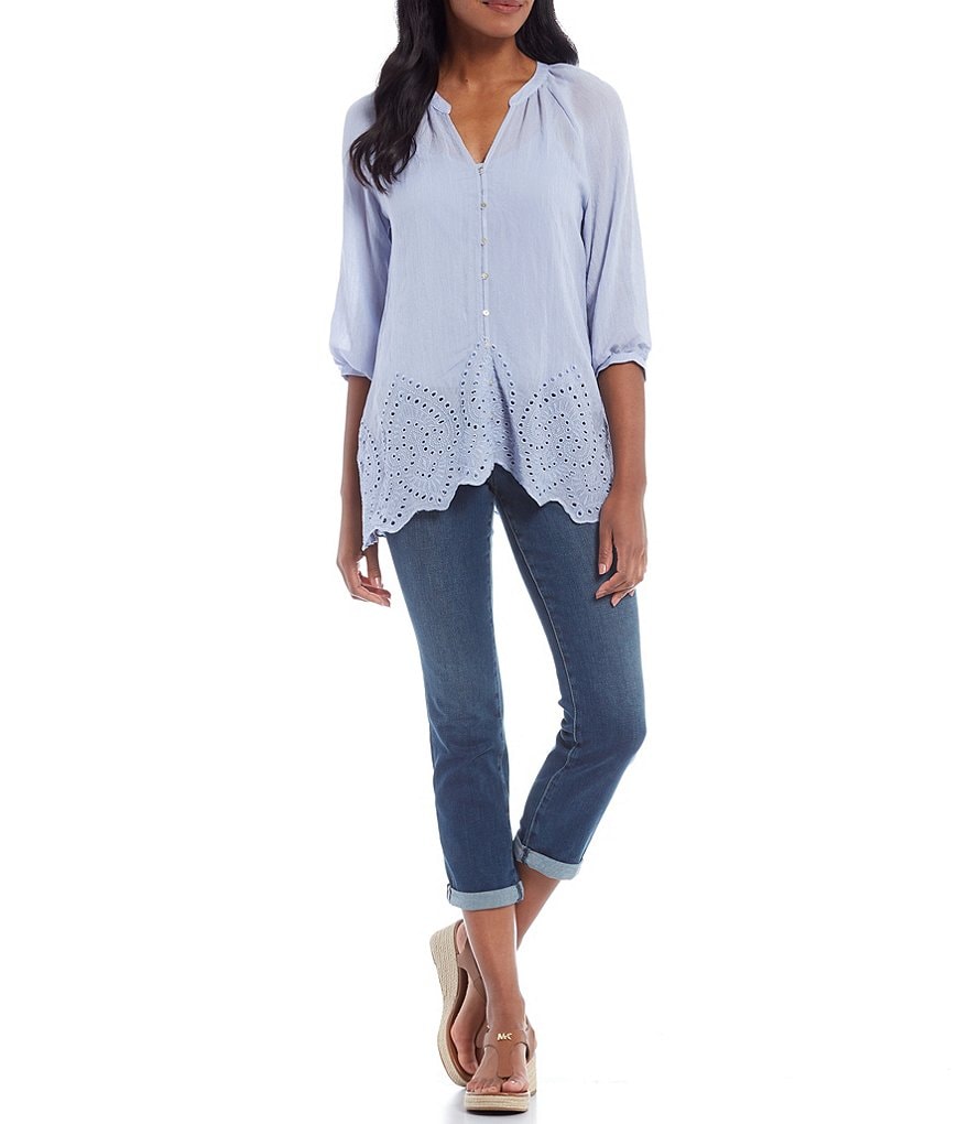 Figueroa & Flower Petite Size Diana 3/4 Sleeve Eyelet Hem Button Front Top