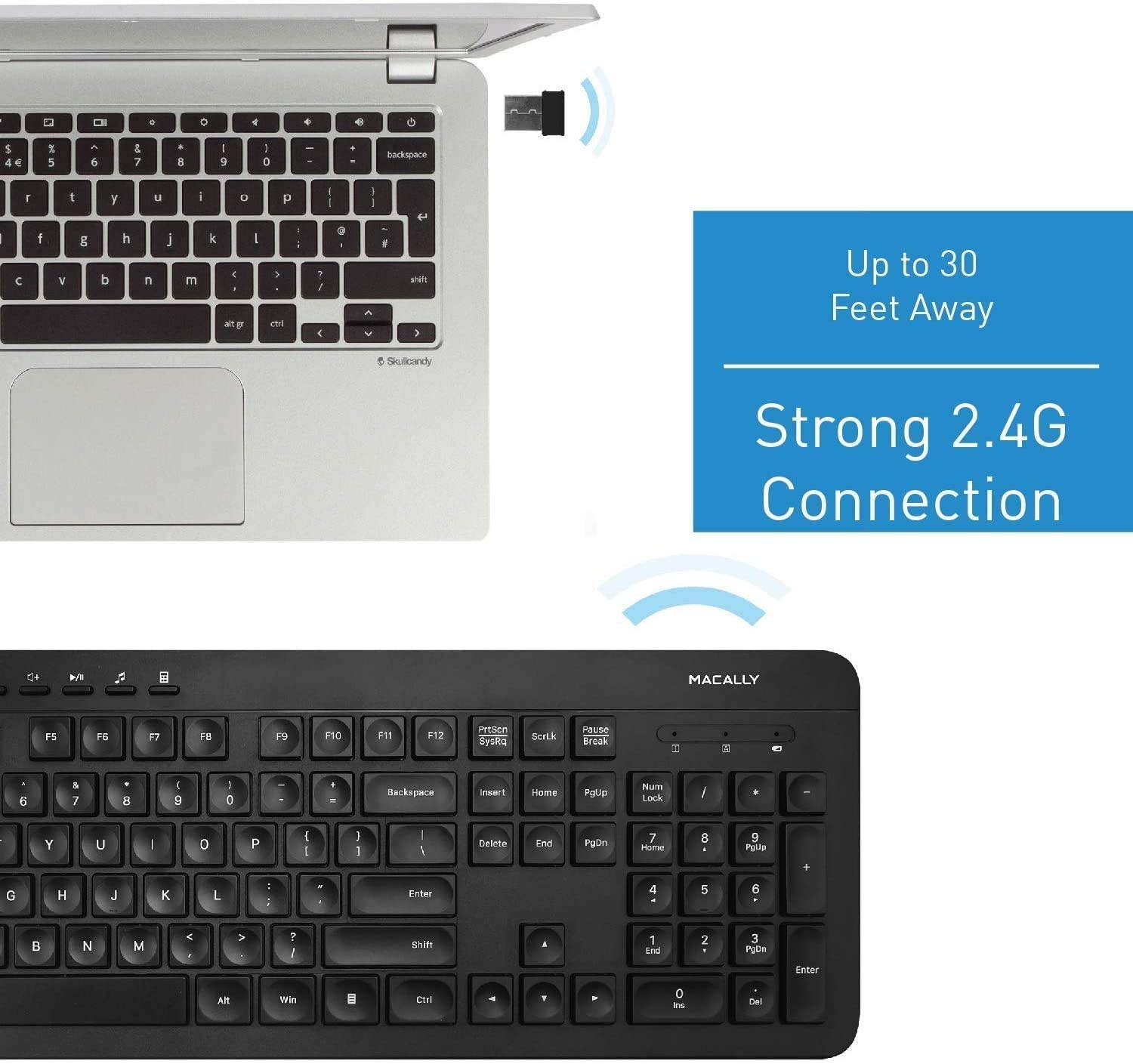 Macally 2.4G Wireless Keyboard for Laptop or PC Desktop - Easy to Use & Computer Keyboard Wireless - Cordless Keyboard with Numeric Keypad & 104 Keys (8 Multimedia Keys) - Plug & Play for Windows PC