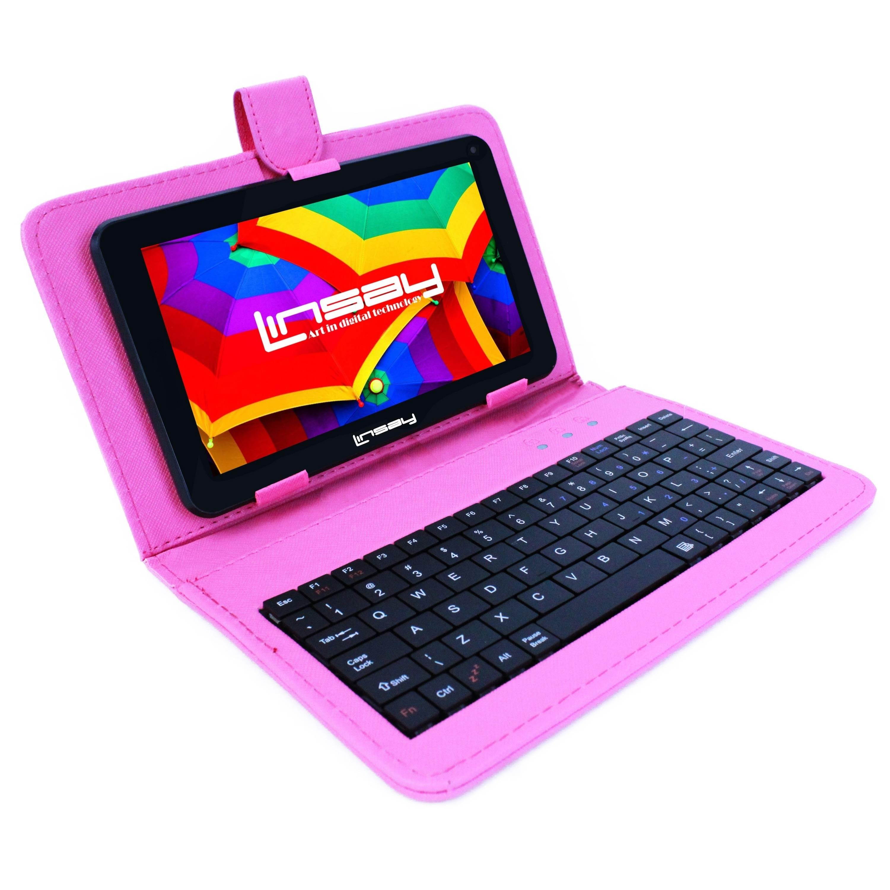 LINSAY&reg; 7" 1024x600 HD Quad Core Dual Camera 2GB ram 16GB Android 10 Tablet with Pink Keyboard Case