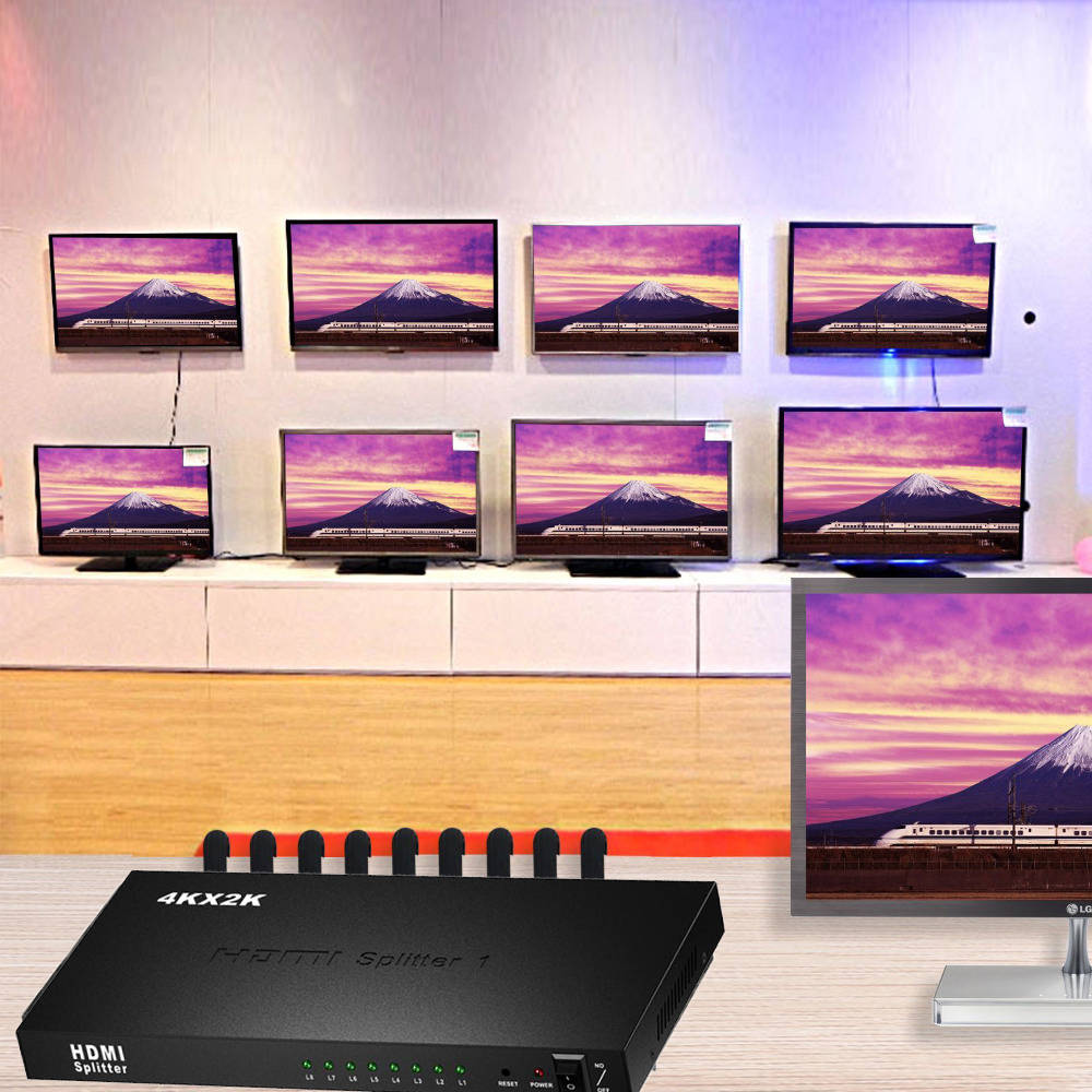 4K 1x8 HDMI Splitter, 1 in 8 Out HDMI Splitter Audio Video Distributor Box Support Full HD 3D & 4K x 2K Compatible for PS 3/4, Xbox,HDTVs, projectors, PC monitors,Blu-ray DVD player- Adapter Included