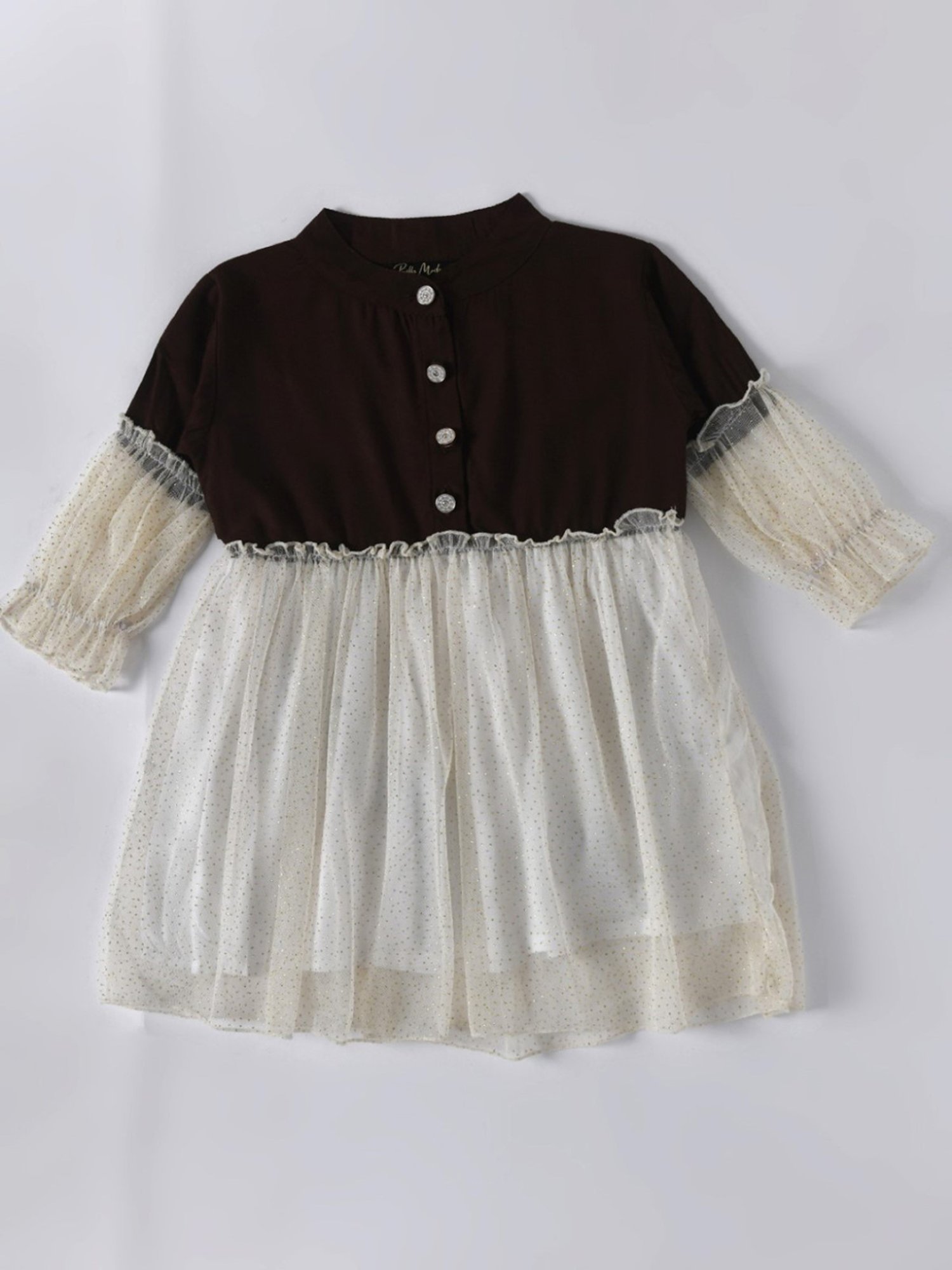 Bella Moda Kids Brown & White Embellished Full Sleeves Fit & Flare Dress