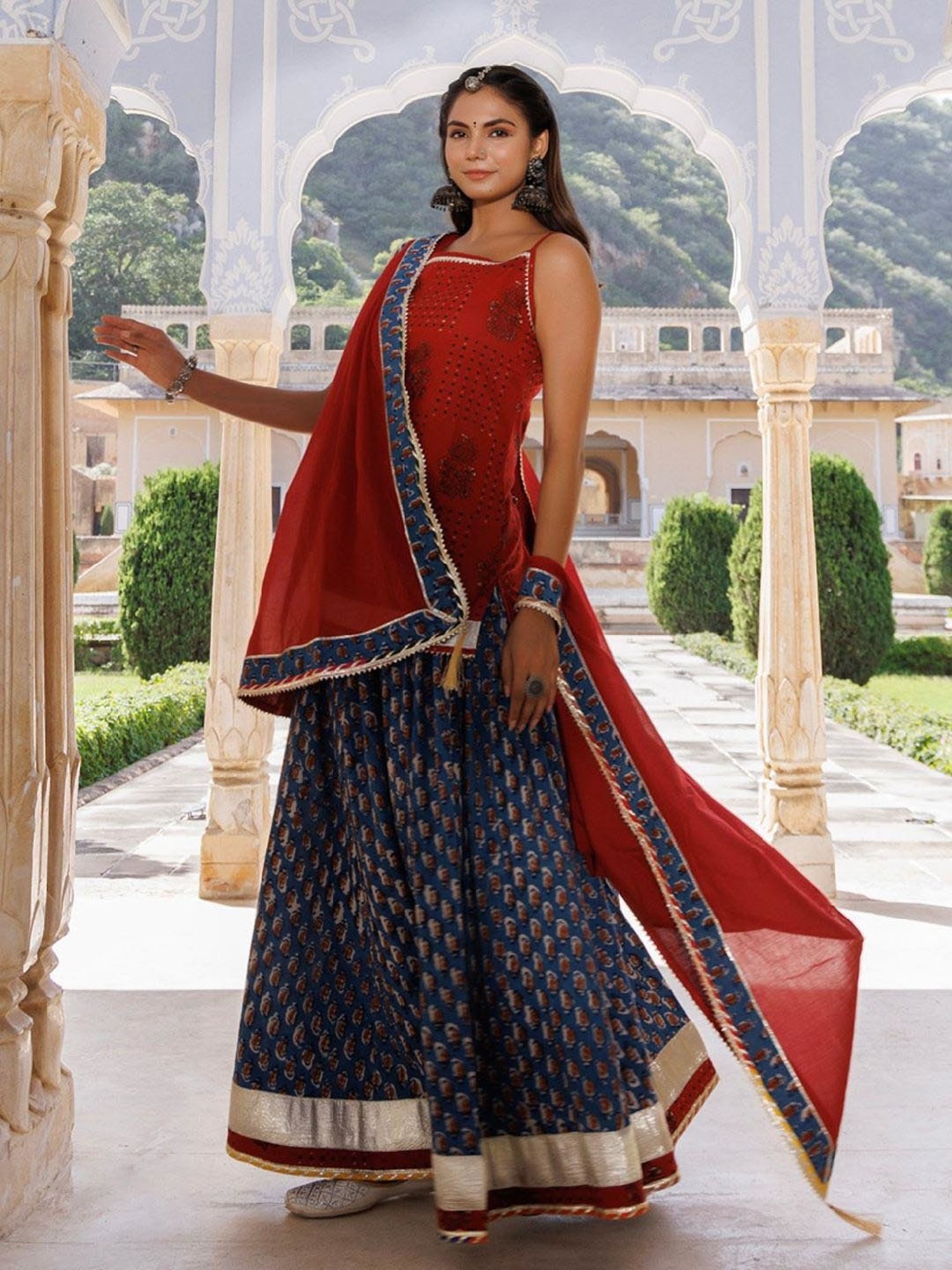 Geroo Jaipur Indigo-Red Pure Cotton Hand Block Printed Skirt Set
