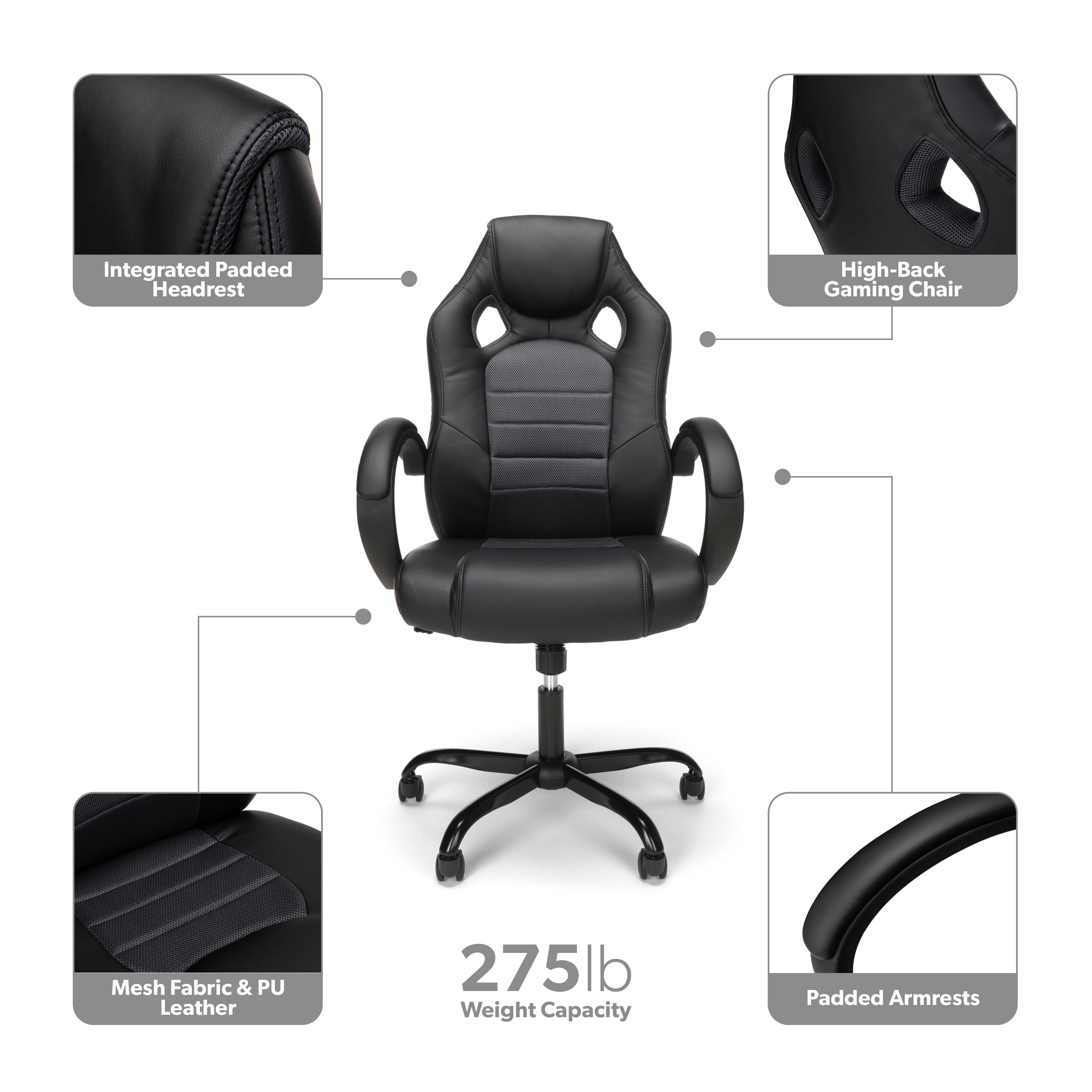 Essentials Collection High-Back Gaming Chair, Padded Loop Arms, in Gray (ESS-3083HB-GRY)