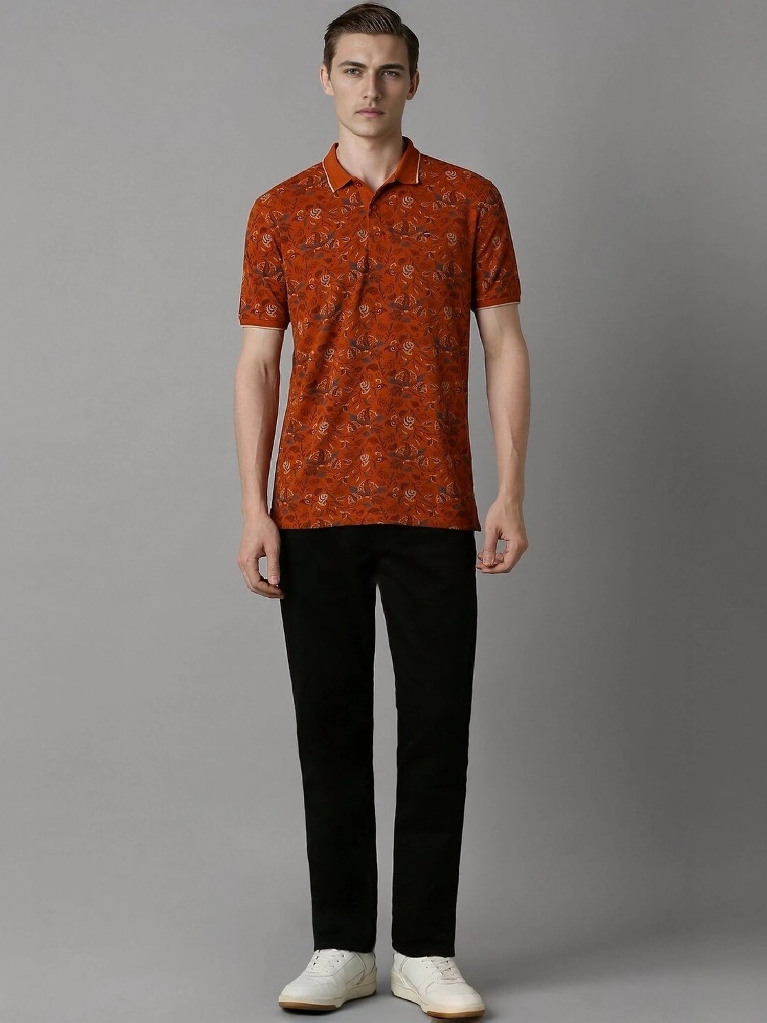 Louis Philippe Red Cotton Slim Fit Printed Polo T-Shirt