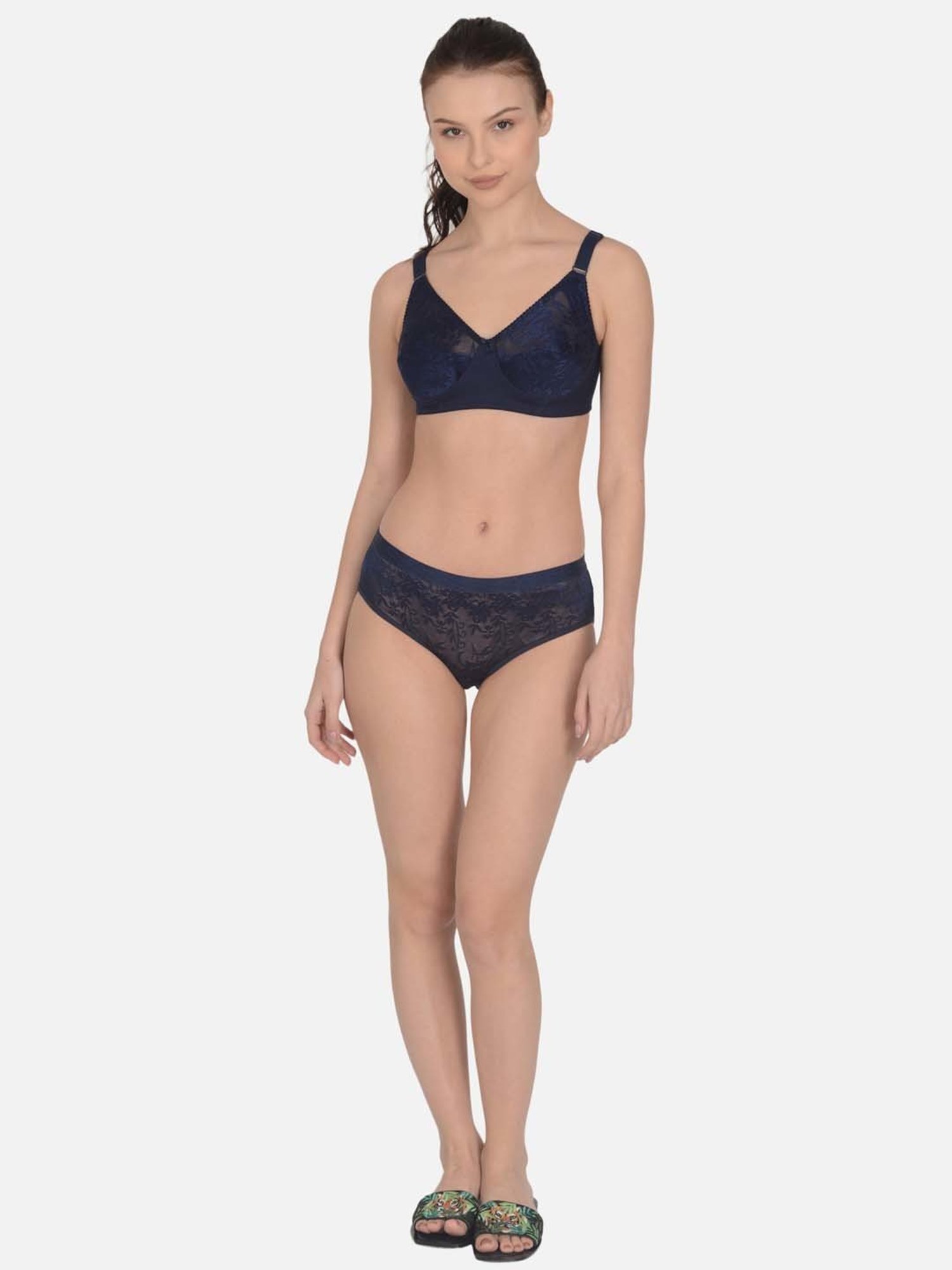 mod & shy Navy Self Pattern Non-Padded Lingerie Set