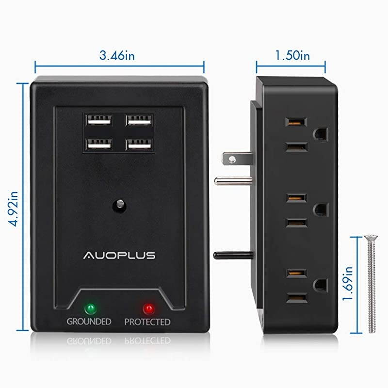 Multi Plug Wall Outlet Extender,  6 Outlet Power Strip Surge Protector with 4 USB Charger[5V/3.1A]-Grounded Electrical Plug Adapter Outlet Splitter for Home Office Bedroom Kitchen-1050J