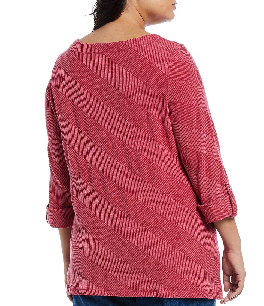 Allison Daley Plus Knit 3/4 Sleeve Rib Pattern Drawstring Round Neck Top