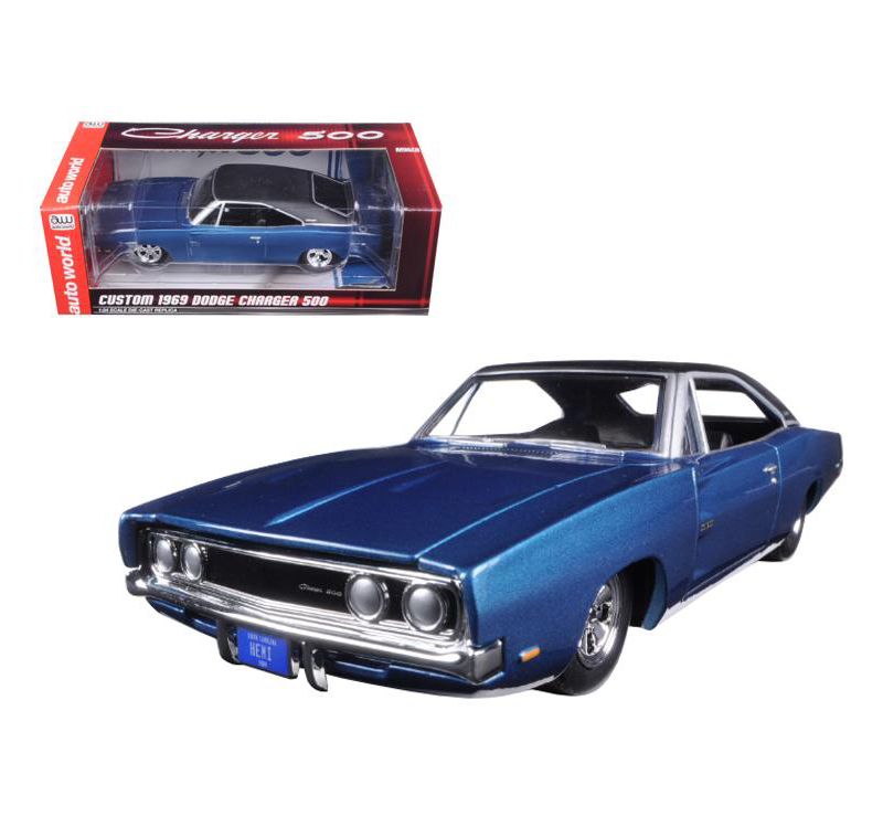 Custom 1969 Dodge Charger 500 Blue Poly 1/24 Diecast Model Car by Autoworld