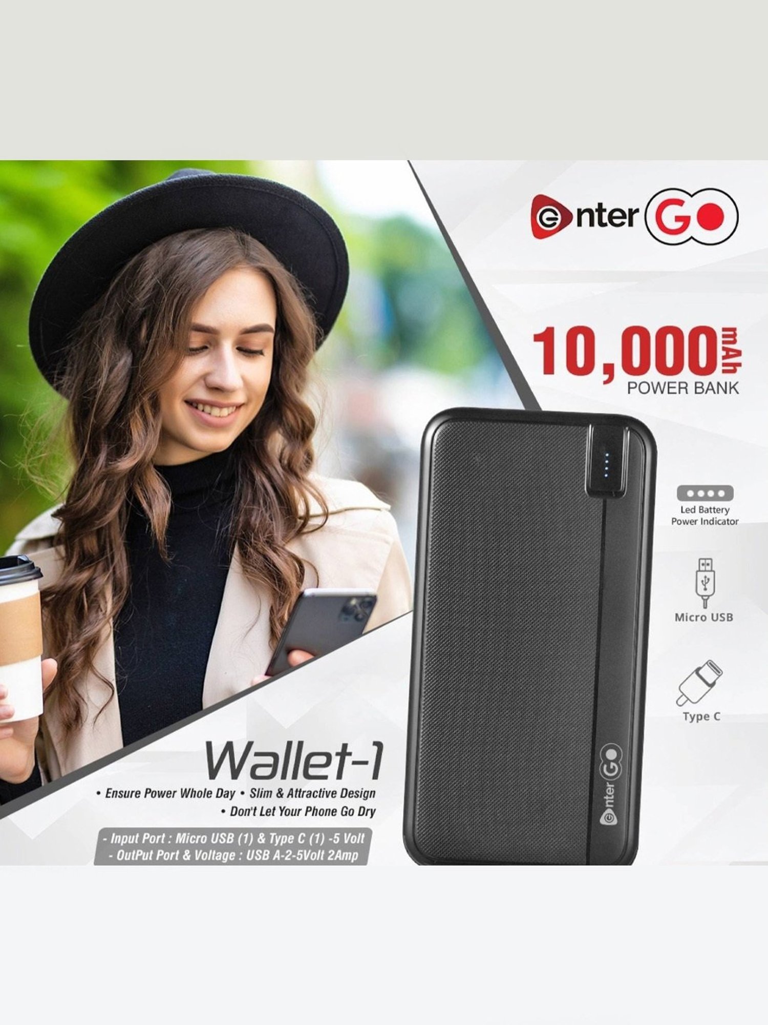 Enter 10000 mAh Power Bank (Black, Wallet 1)