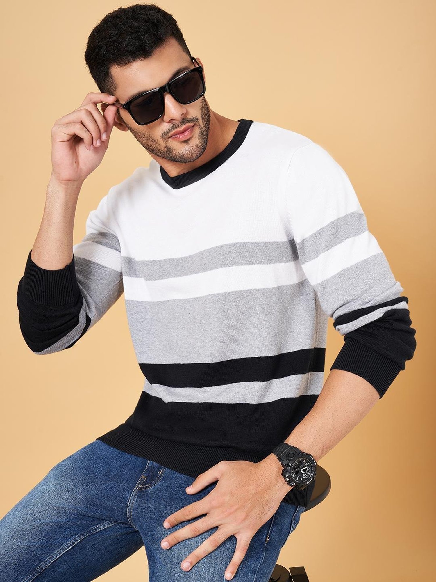 Byford by Pantaloons Black & White Cotton Slim Fit Colour Block Sweater