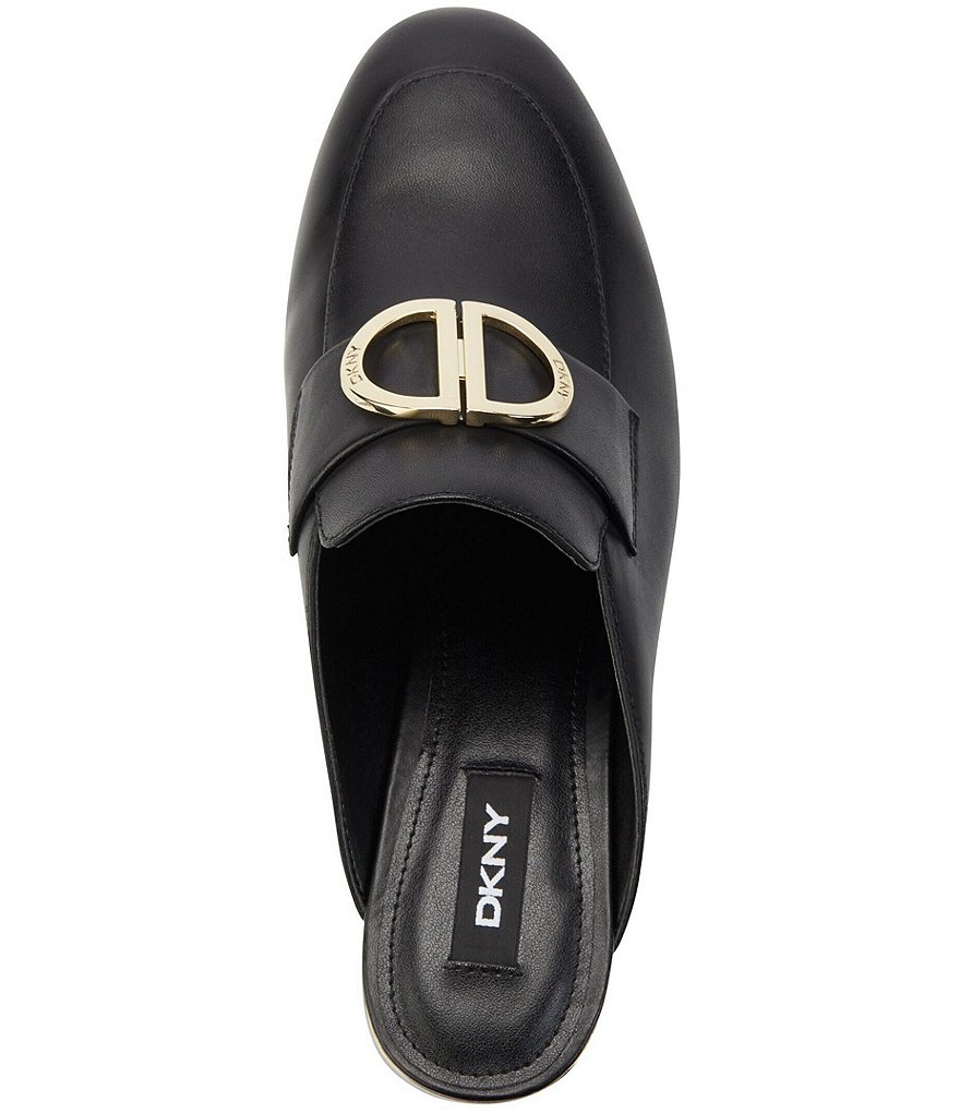 DKNY Rizz Leather Logo Hardware Strap Block Heel Mules