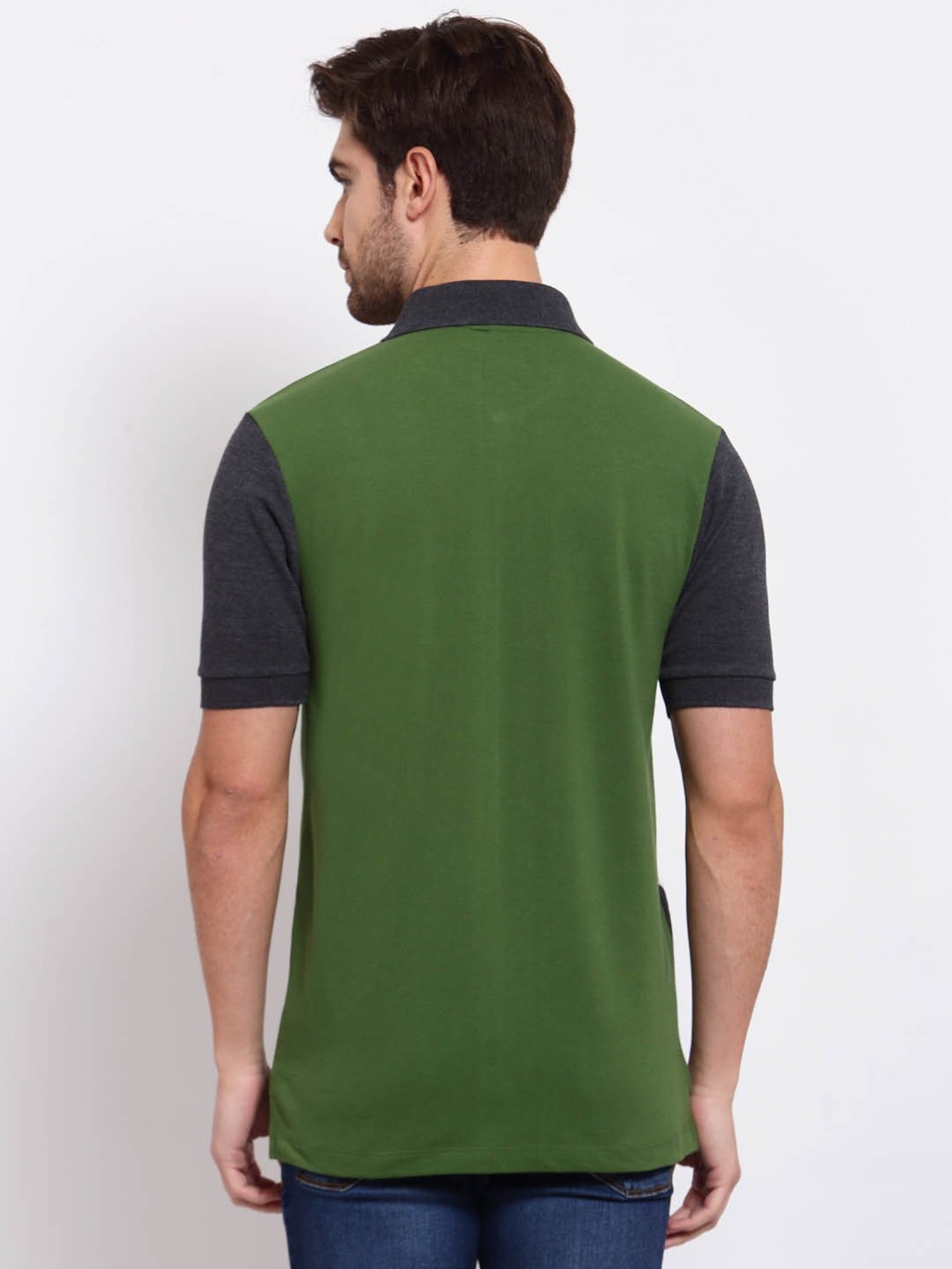 Kalt Green & Dark Grey Regular Fit Colour-Block Polo T-Shirt