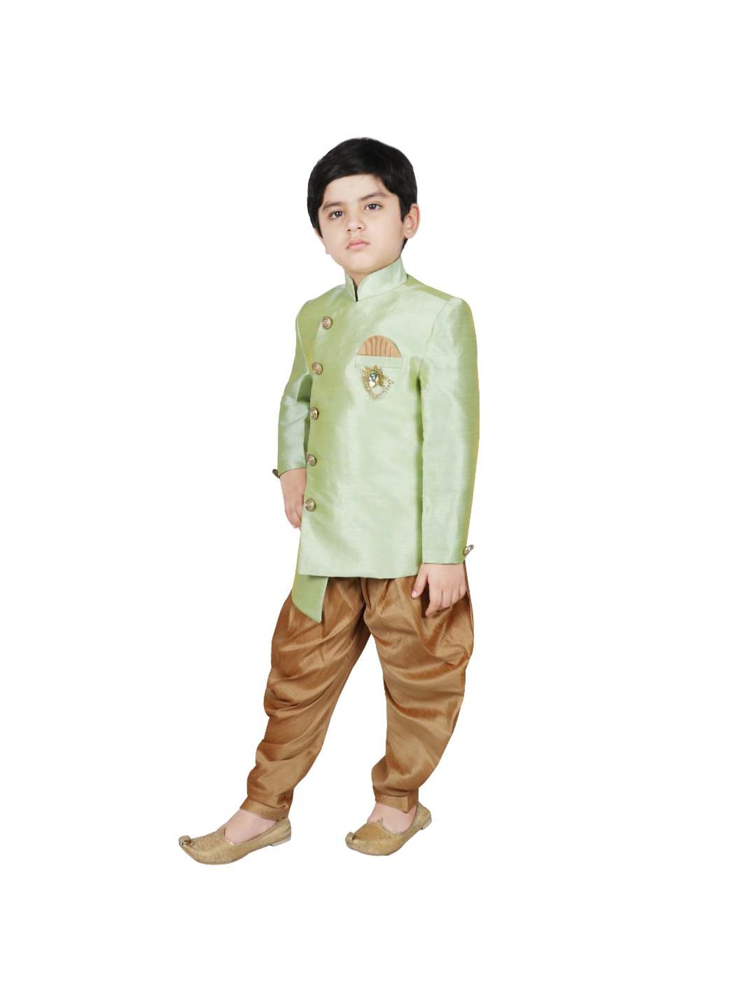 SG Yuvraj Kids Green & Brown Solid Sherwani with Pyjama