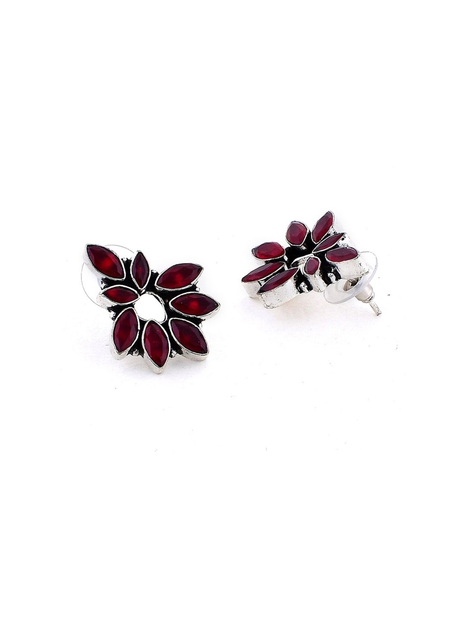 Imli Street Maroon Silver Tone Stone-Studded Handcrafted Stud Earrings
