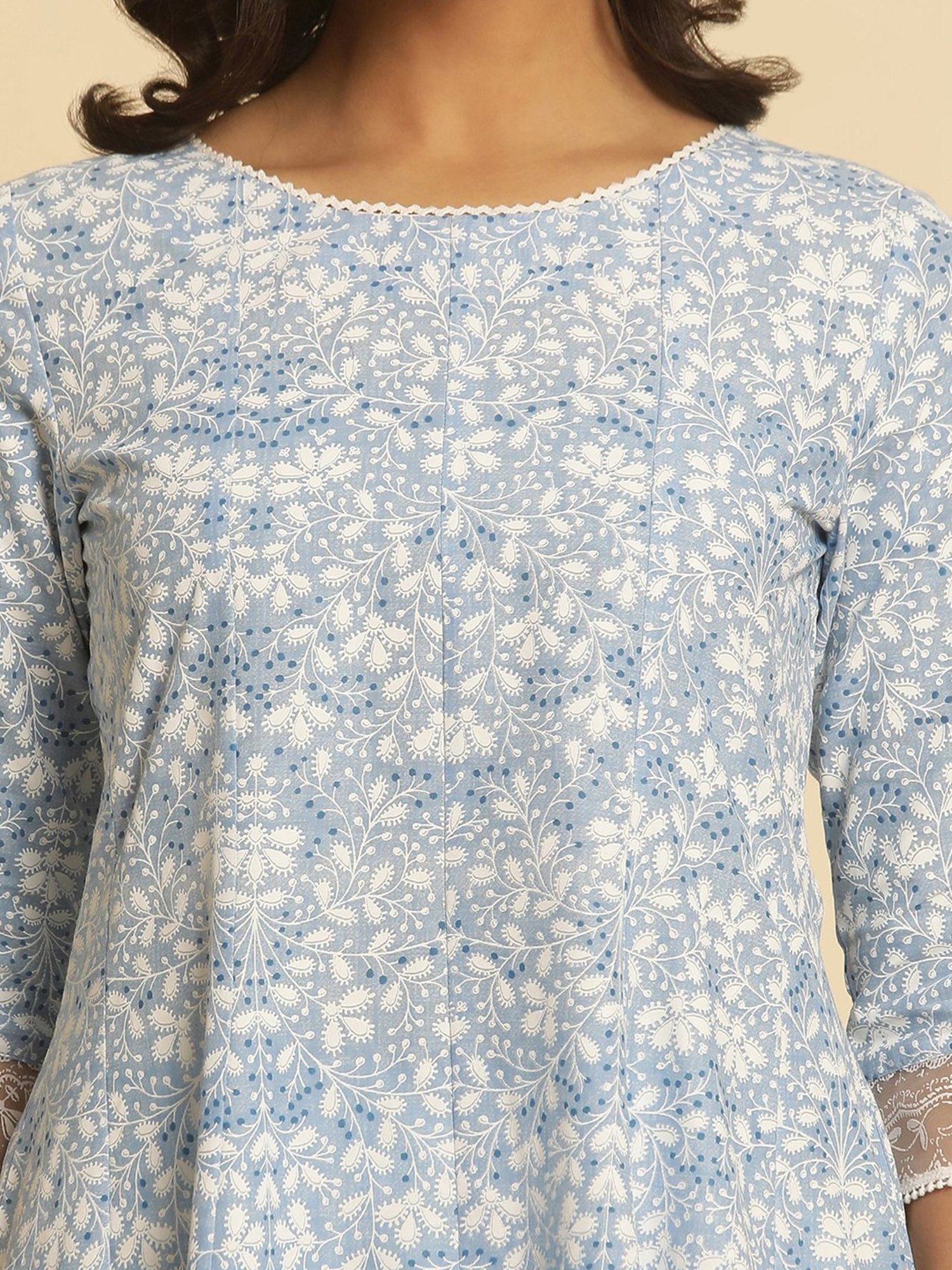 W Blue Cotton Printed Fit and Flare Kurta