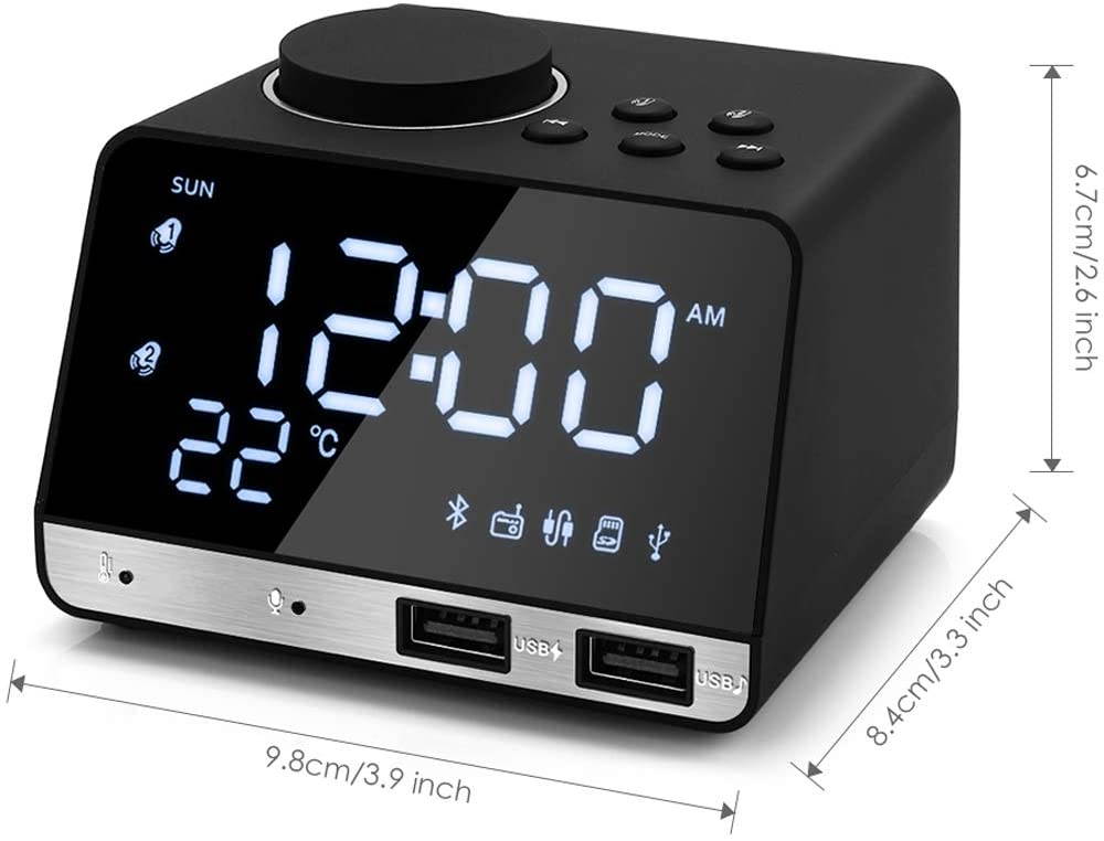 4.2 Inch Alarm Clock Radio, Bluetooth Speaker with Dual Snooze Clock USB Charging Port, AUX TF Card Play, Thermometer, Large Mirror LED Dimmable Display for Bedroom, Kitchen, Hotel, Table, Desk