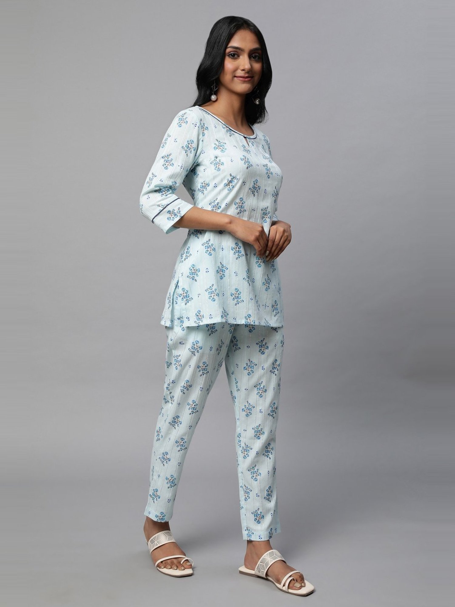 Aurelia Blue Cotton Printed Short Kurti Pant Set