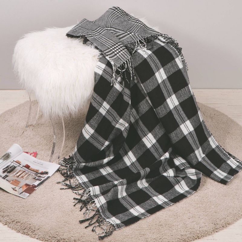 60" x 50" Acrylic Reversible Plaid Woven Throw Blanket Black and White - Glitzhome
