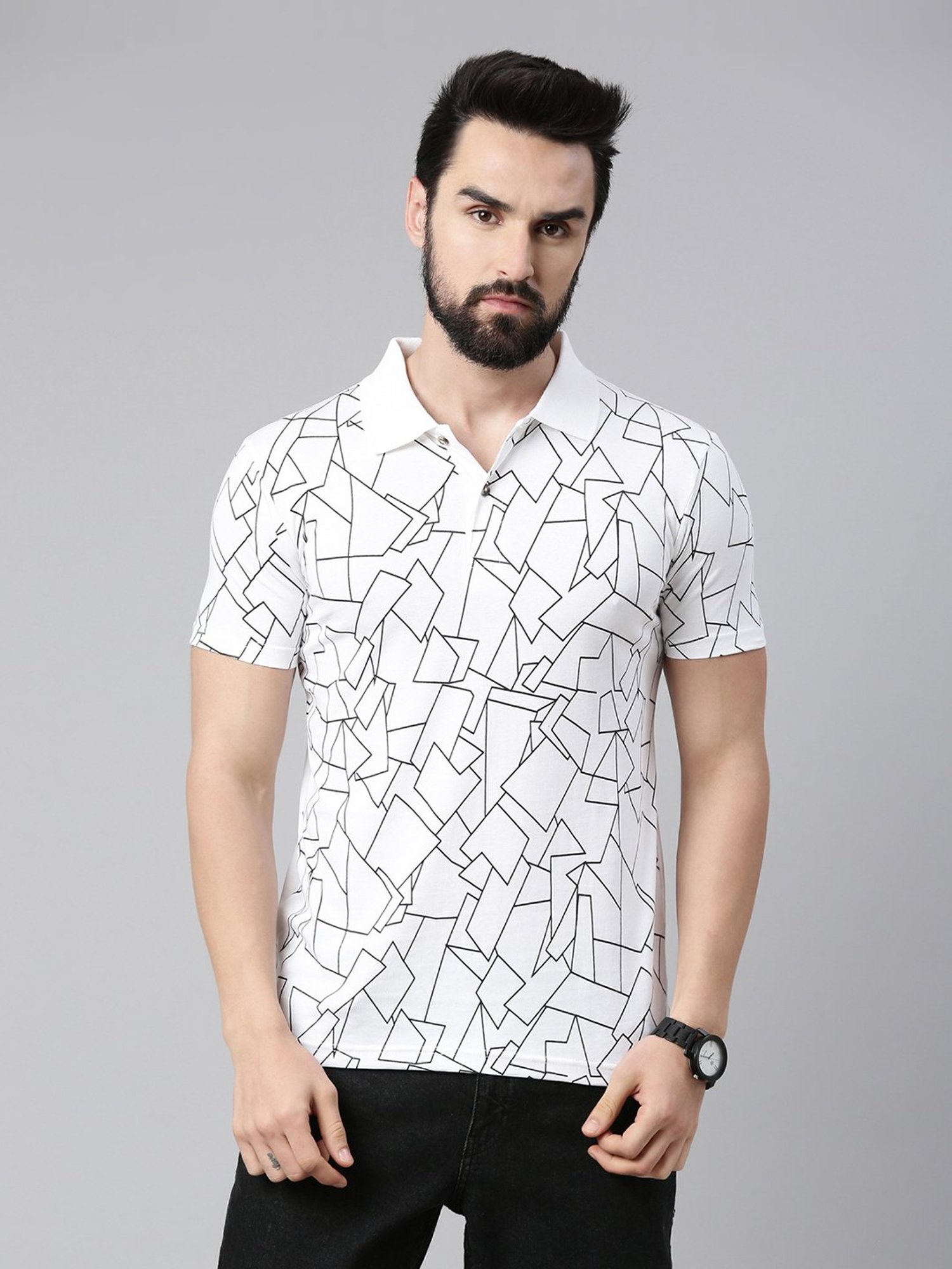Kryptic White Regular Fit Printed Cotton Polo T-Shirt