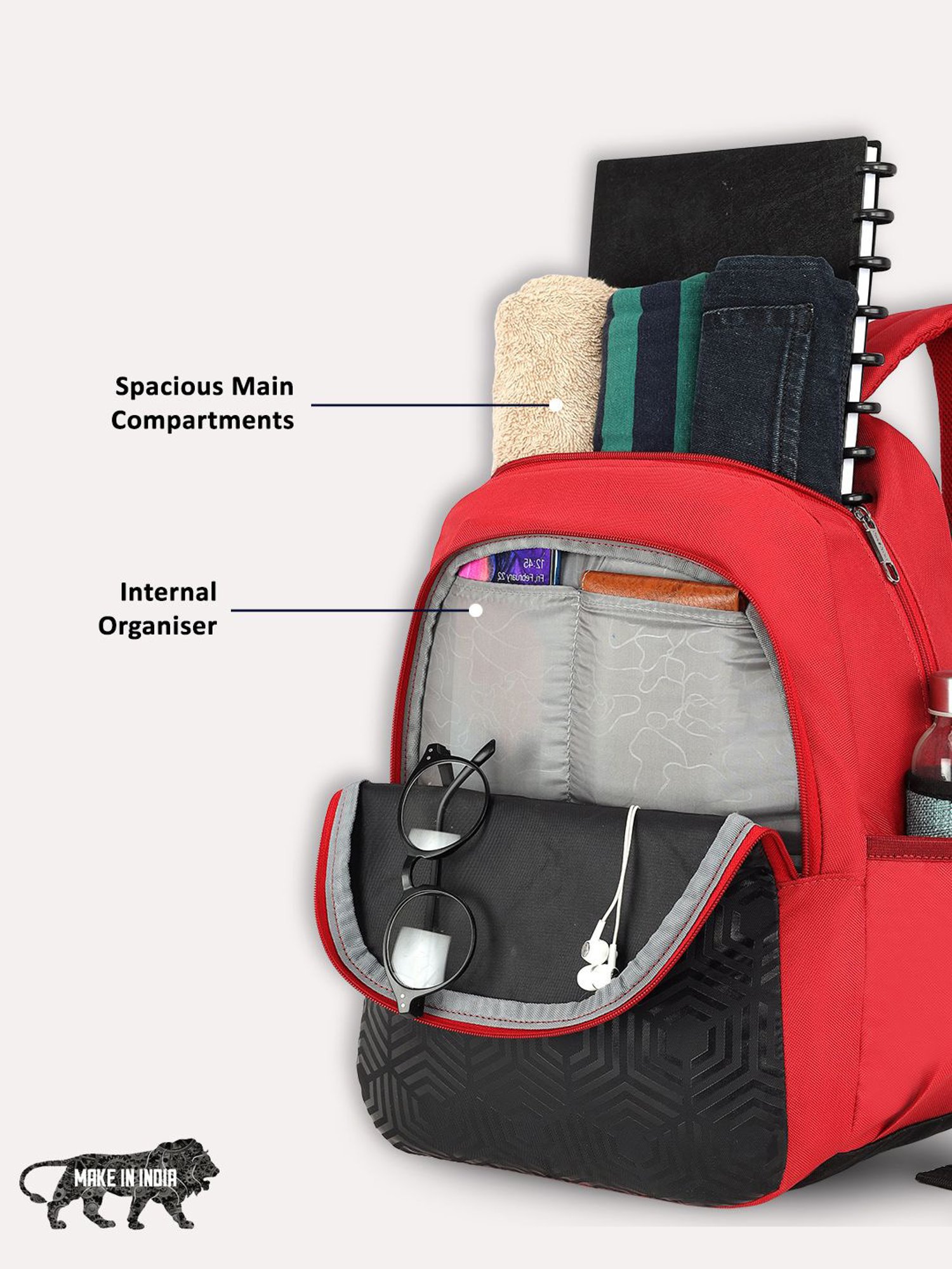 Lavie Sport Hexa 2C 18L Casual Dobby Daypack | School Bag For Boys & Girls (Red)