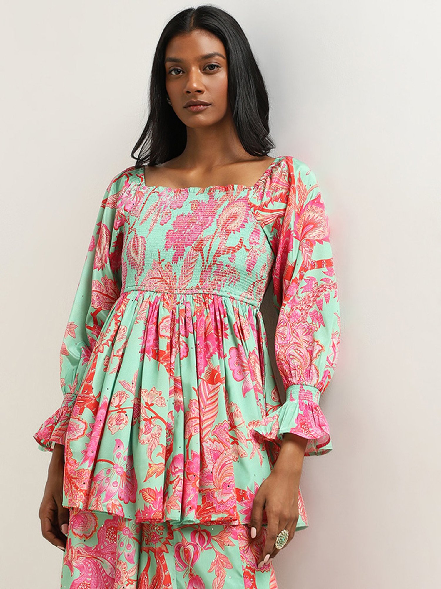 Vark by Westside Green Floral Printed Peplum Top Set