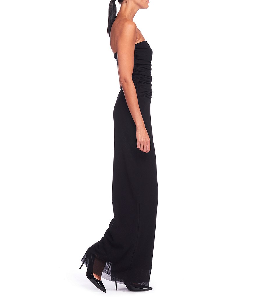 FUZZI Tulle Mesh Convertible Lined Flare-Leg Strapless Jumpsuit
