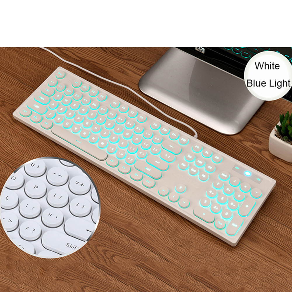 Wired Keyboard Retro Punk Round Keycap Mute White Backlit Ergonomic Slim Keyboard for Office Gamers Programmers Typists Laptop Computer