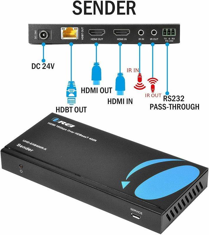 4K HDMI Extender Balun by OREI - HDBaseT UltraHD 4K @ 60Hz 4:4:4 Over Single CAT5e/6/7 Cable with HDR, CEC & IR Control, RS-232 - Up to 400 Ft - Loop Out - Power Over Cable - Audio Out (UHD-EXB400R-K)