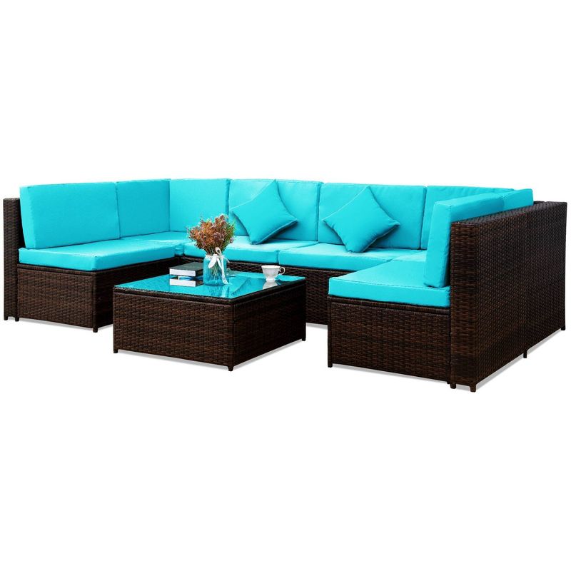 7pc Rattan Wicker Patio Sectional Set with Cushions & Pillows - Art Leon