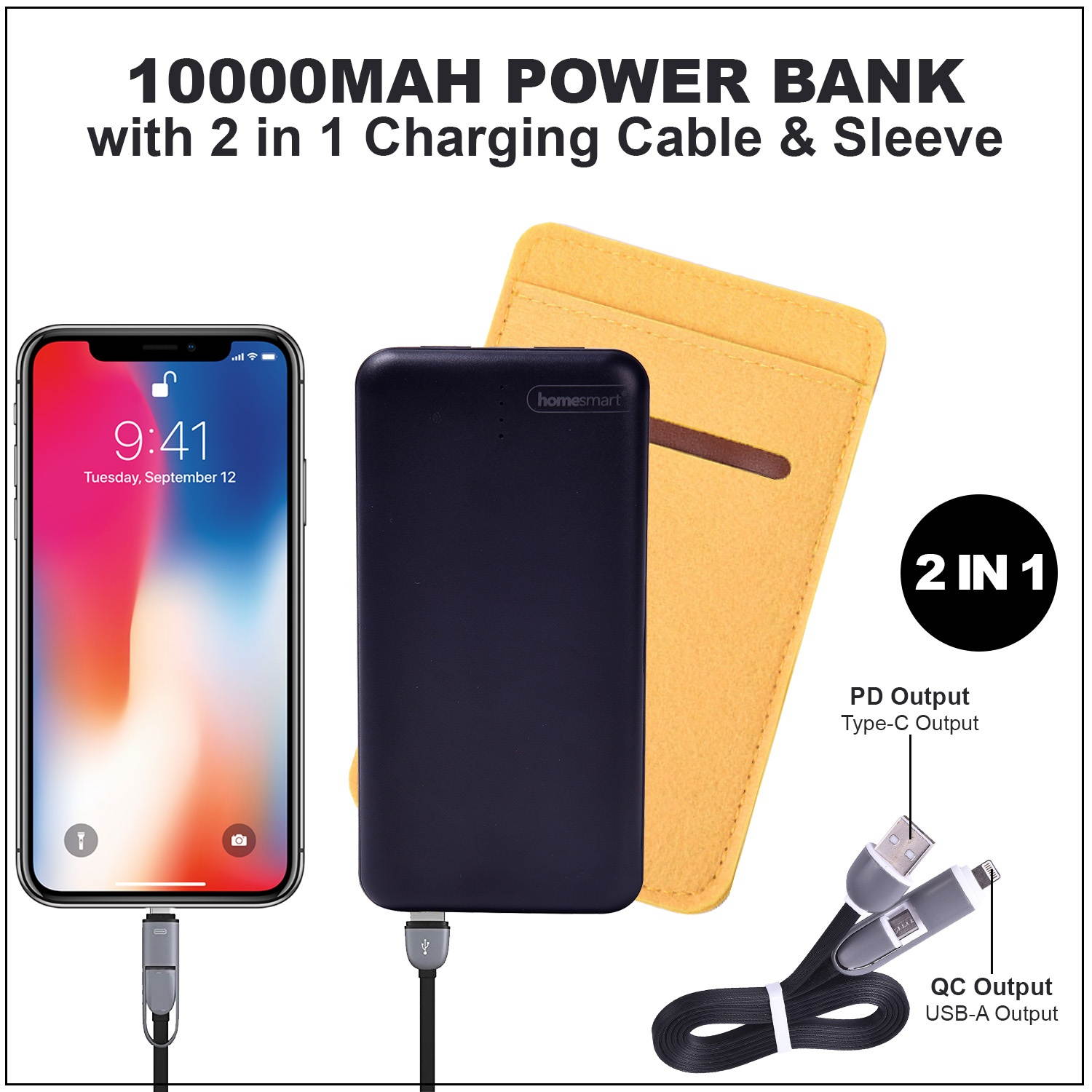 Shop LC 10000mAh Power Bank with 2 in 1 Charging Cable Yellow Felt Sleeve Portable USB Charging Cable Carabiner Emergency Power House Backup