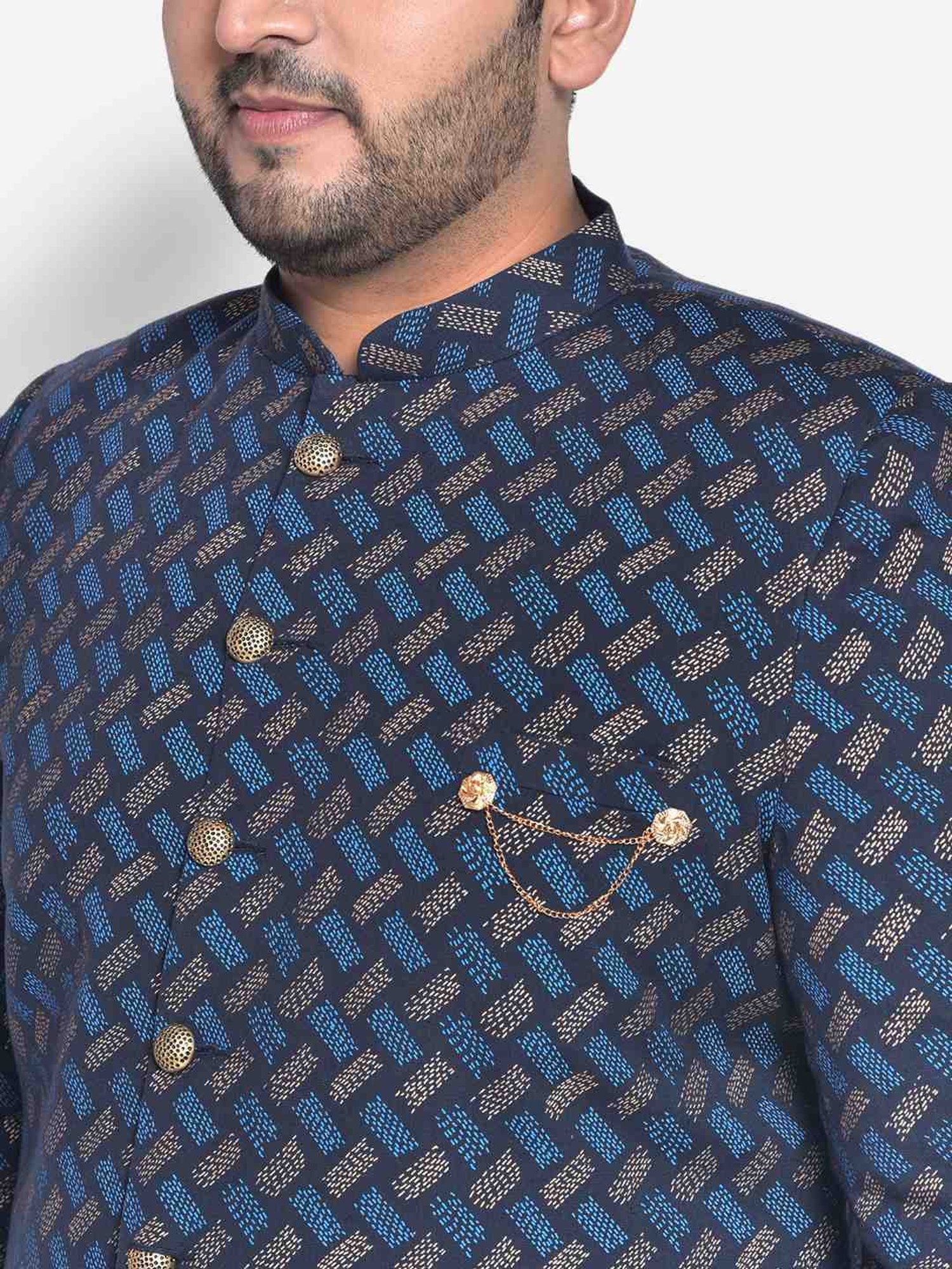 KISAH PLUS Navy Regular Fit Printed Sherwani Set