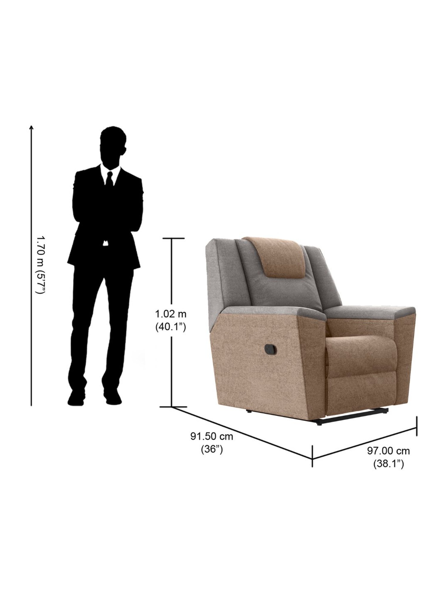 Godrej Interio Sumo Brown & Grey Fabric 1 Seater Recliner Sofa