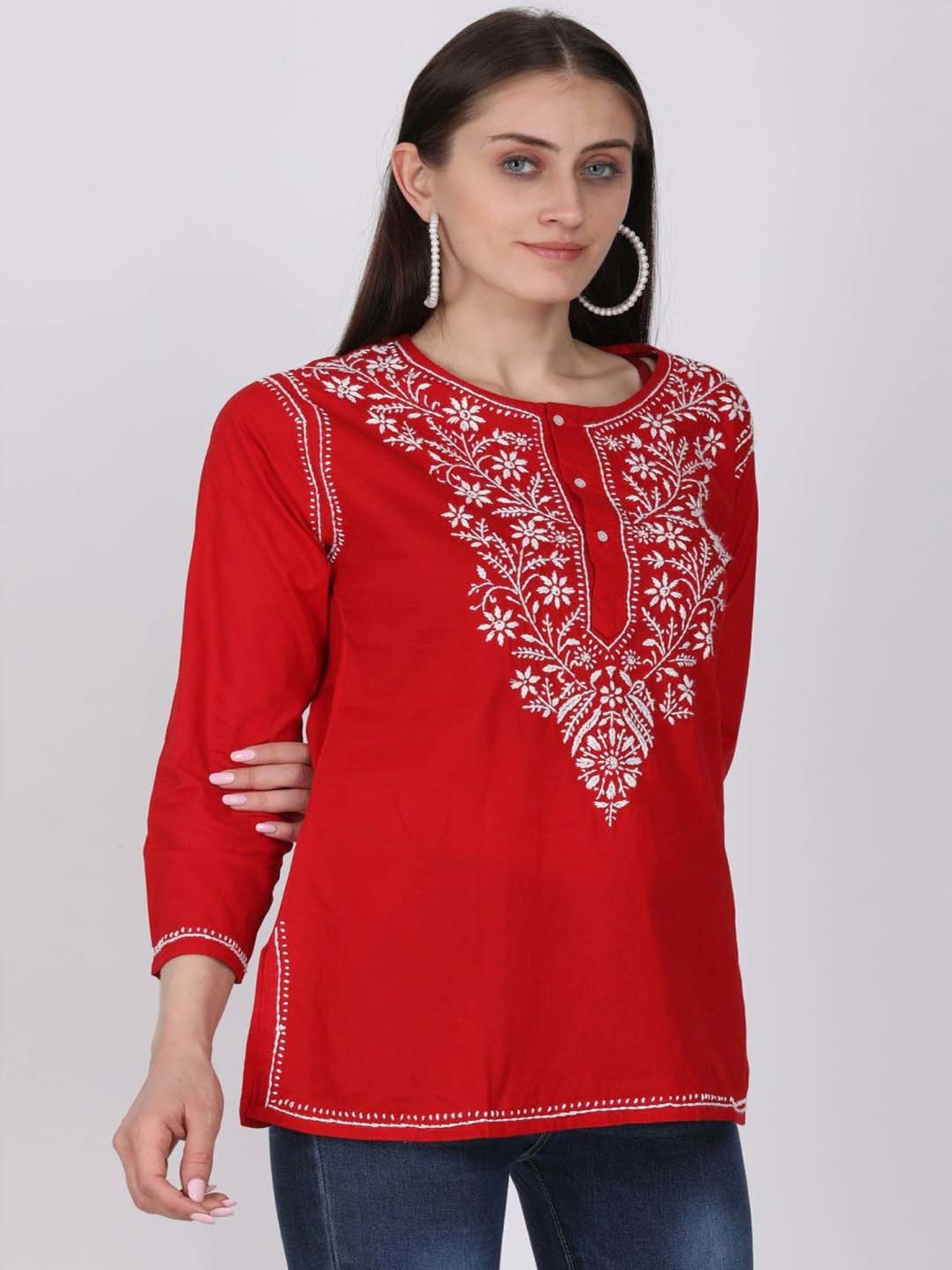 PARAMOUNT CHIKAN Red Cotton Chikankari Straight Kurti