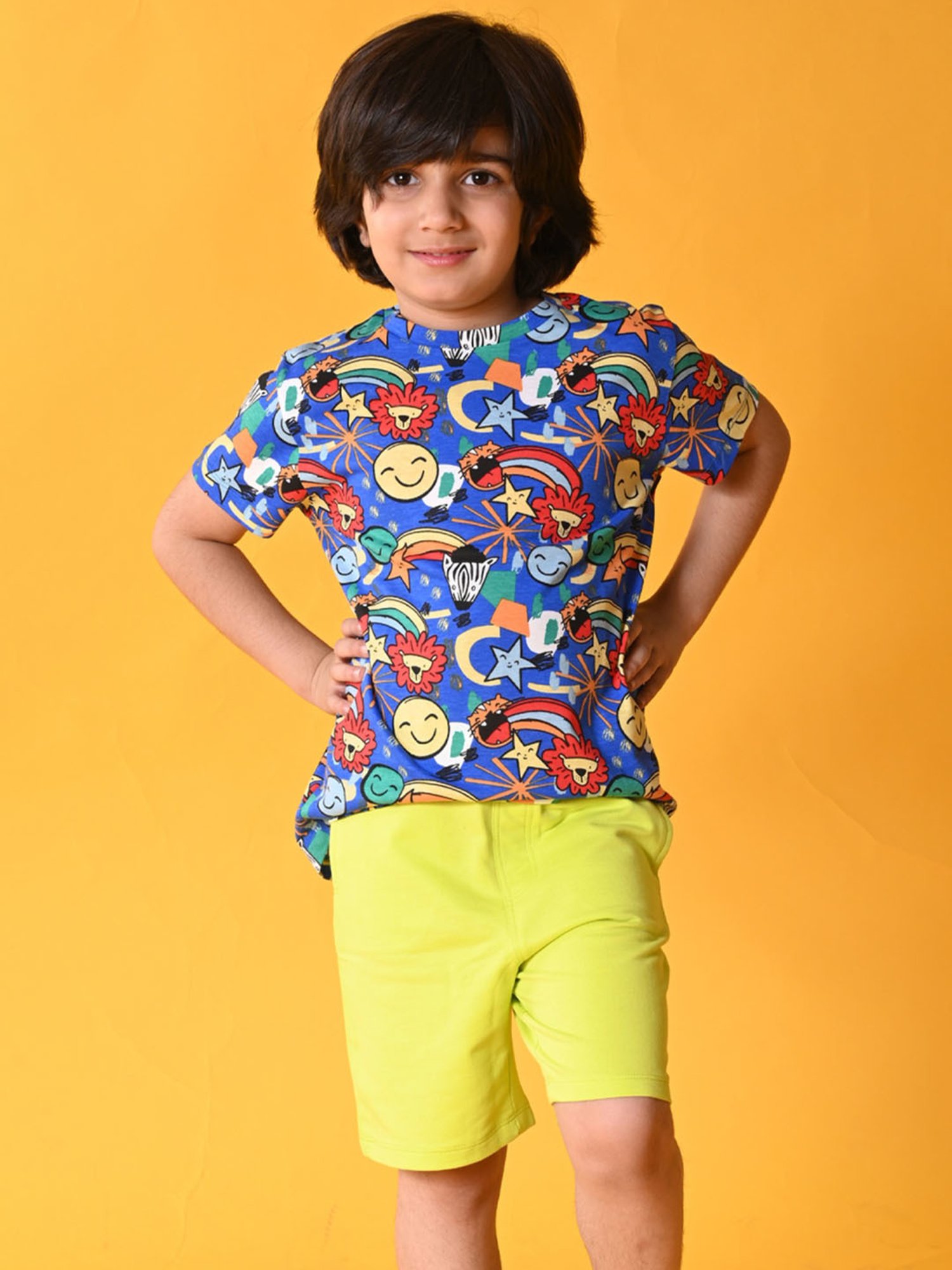 Anthrilo Kids Blue & Green Cotton Printed T-Shirt Set