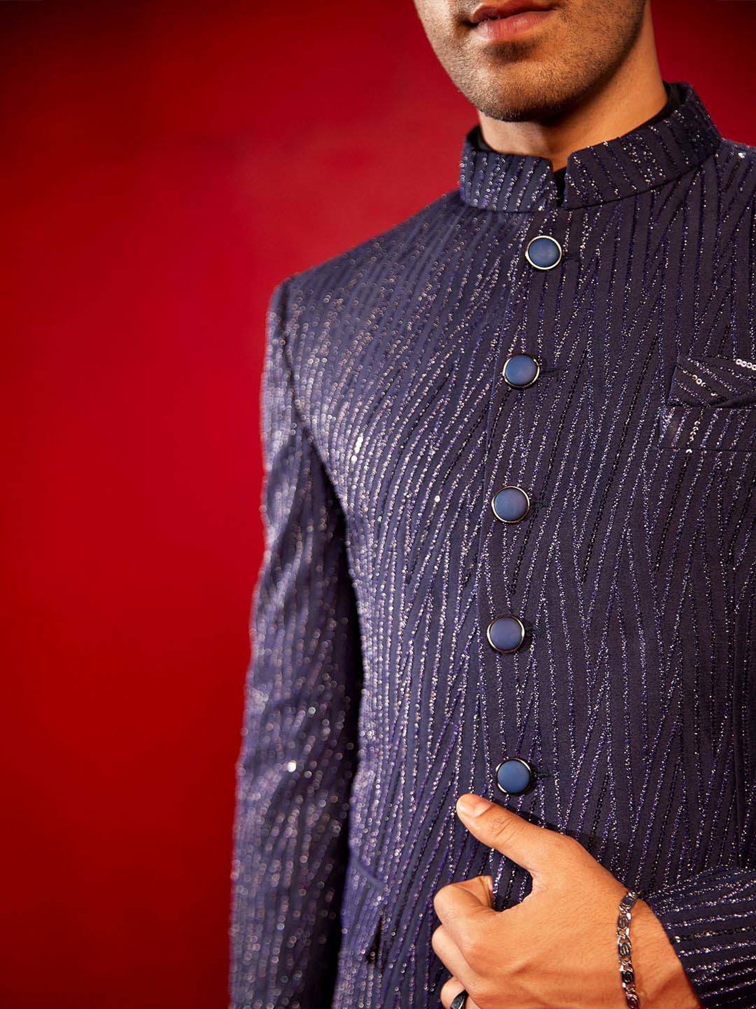 Vastramay Navy Regular Fit Printed Ethnic Blazer