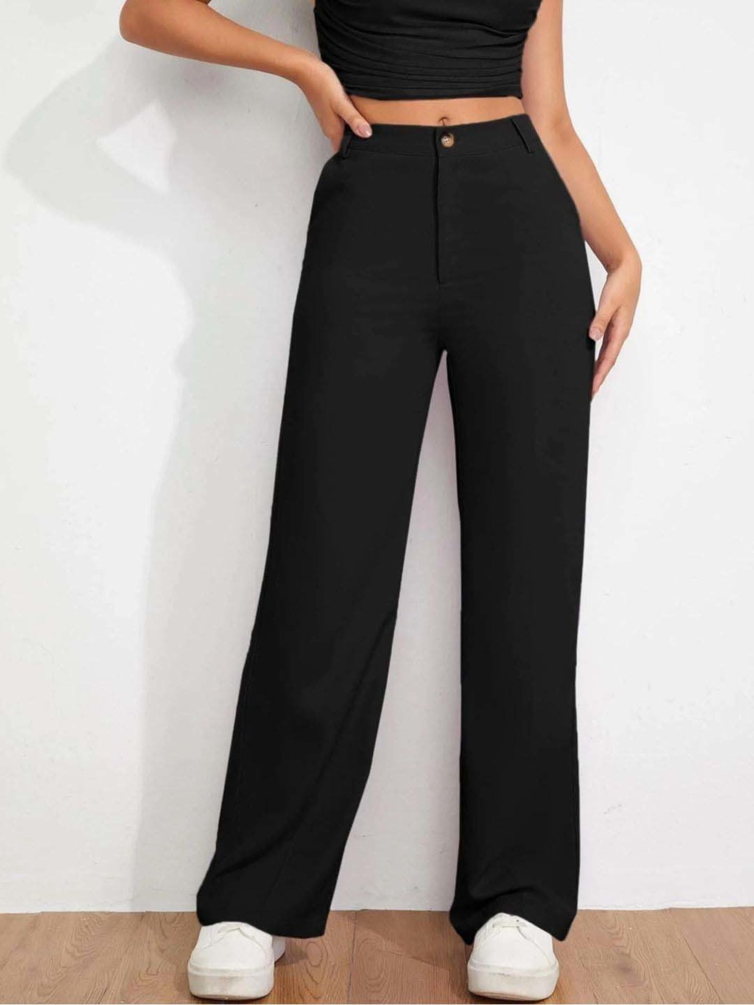 BUYNEWTREND Black High rise Formal Trousers