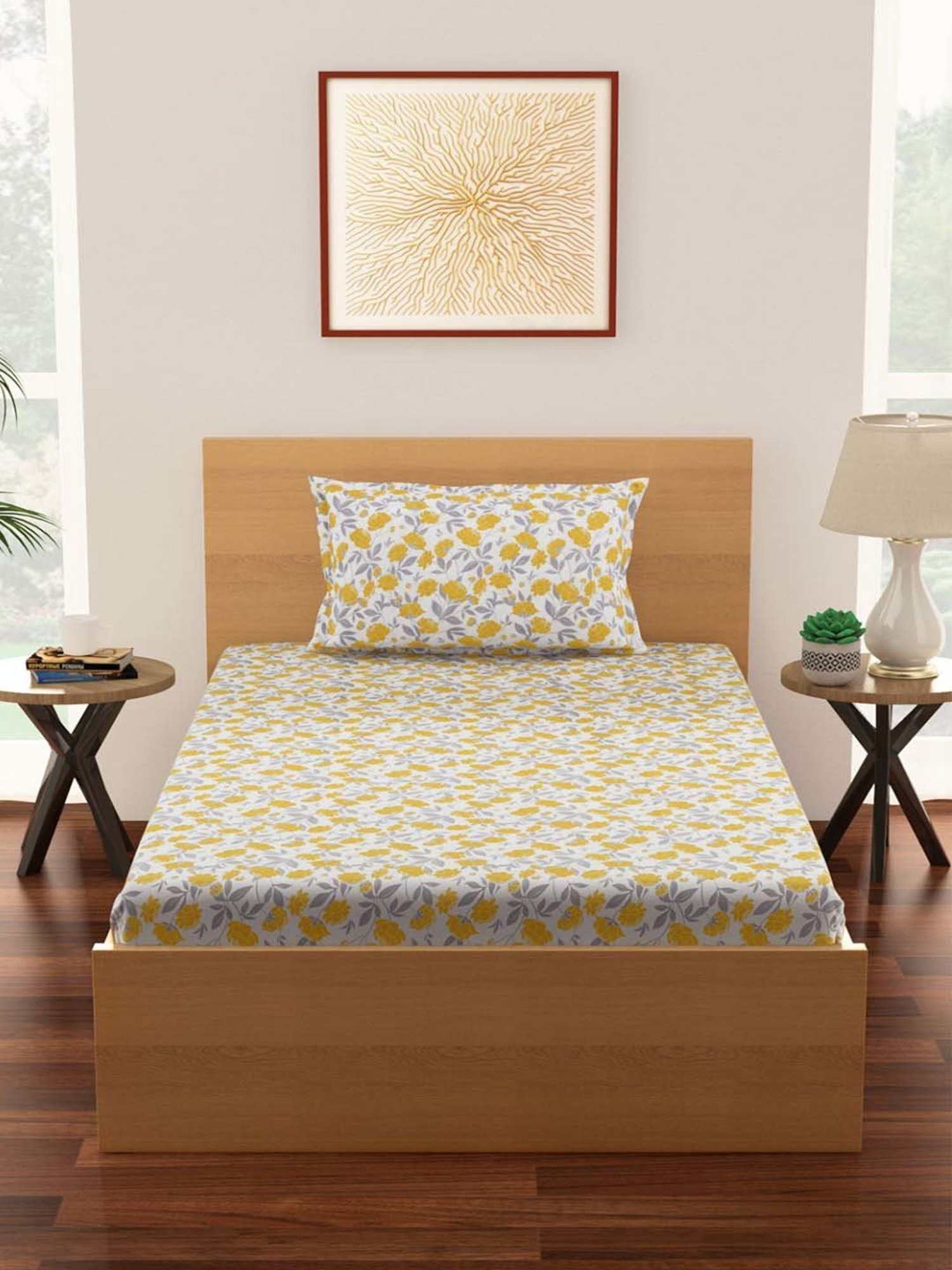 Living Scapes by Pantaloons Yellow Blend Bedsheet With 1 Pillow Cover