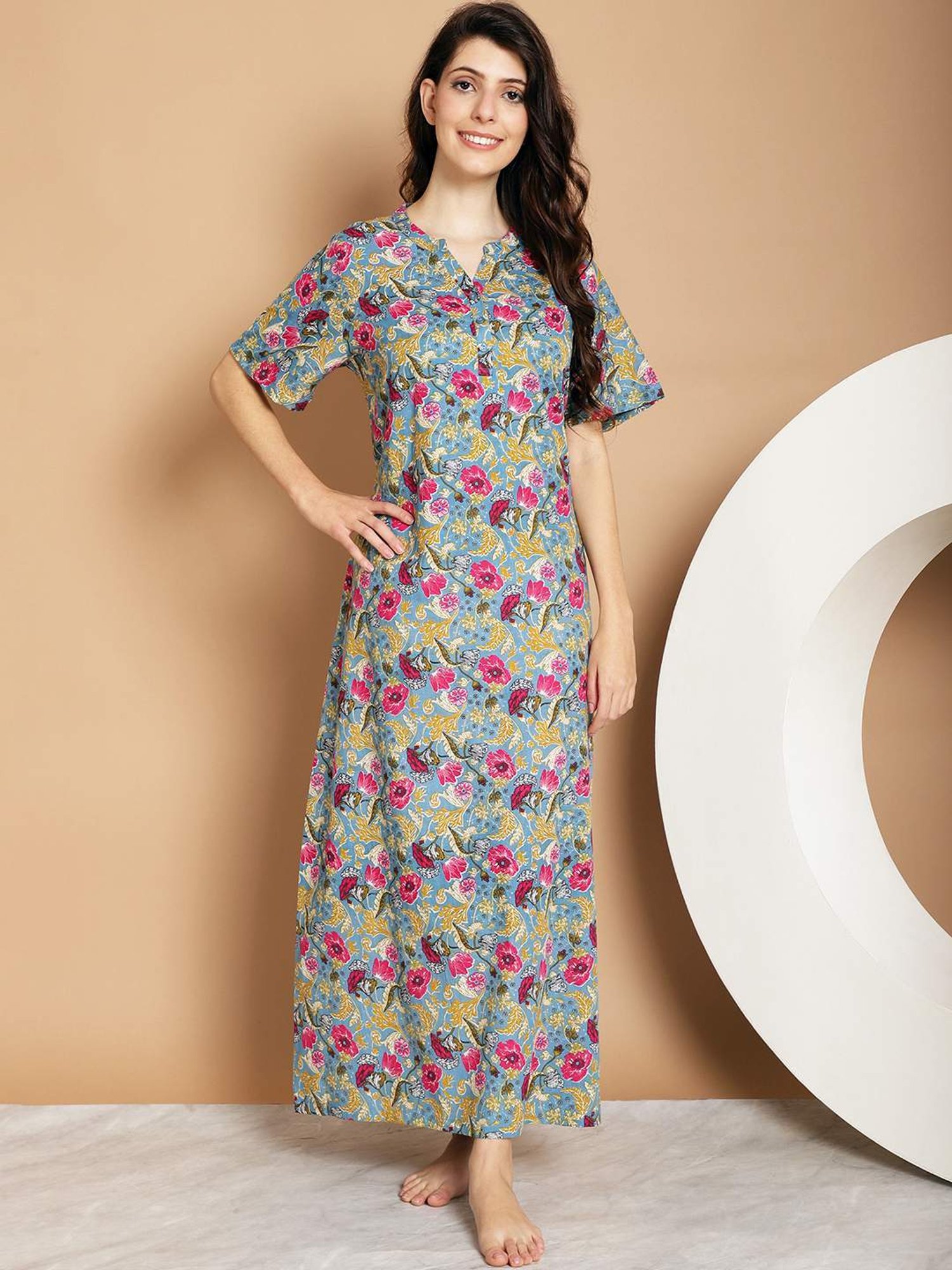 Kanvin Blue Cotton Printed Nighty