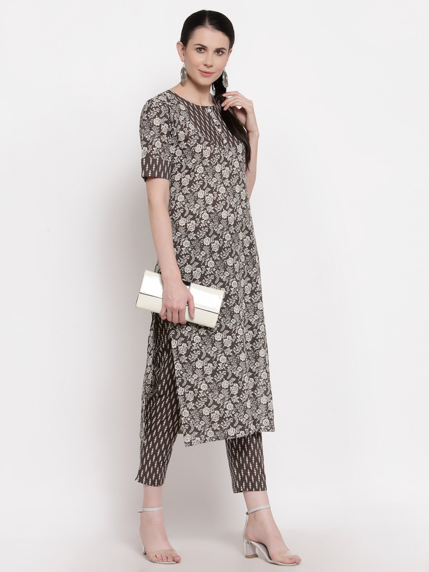 Indibelle Brown Cotton Floral Print Straight Kurta