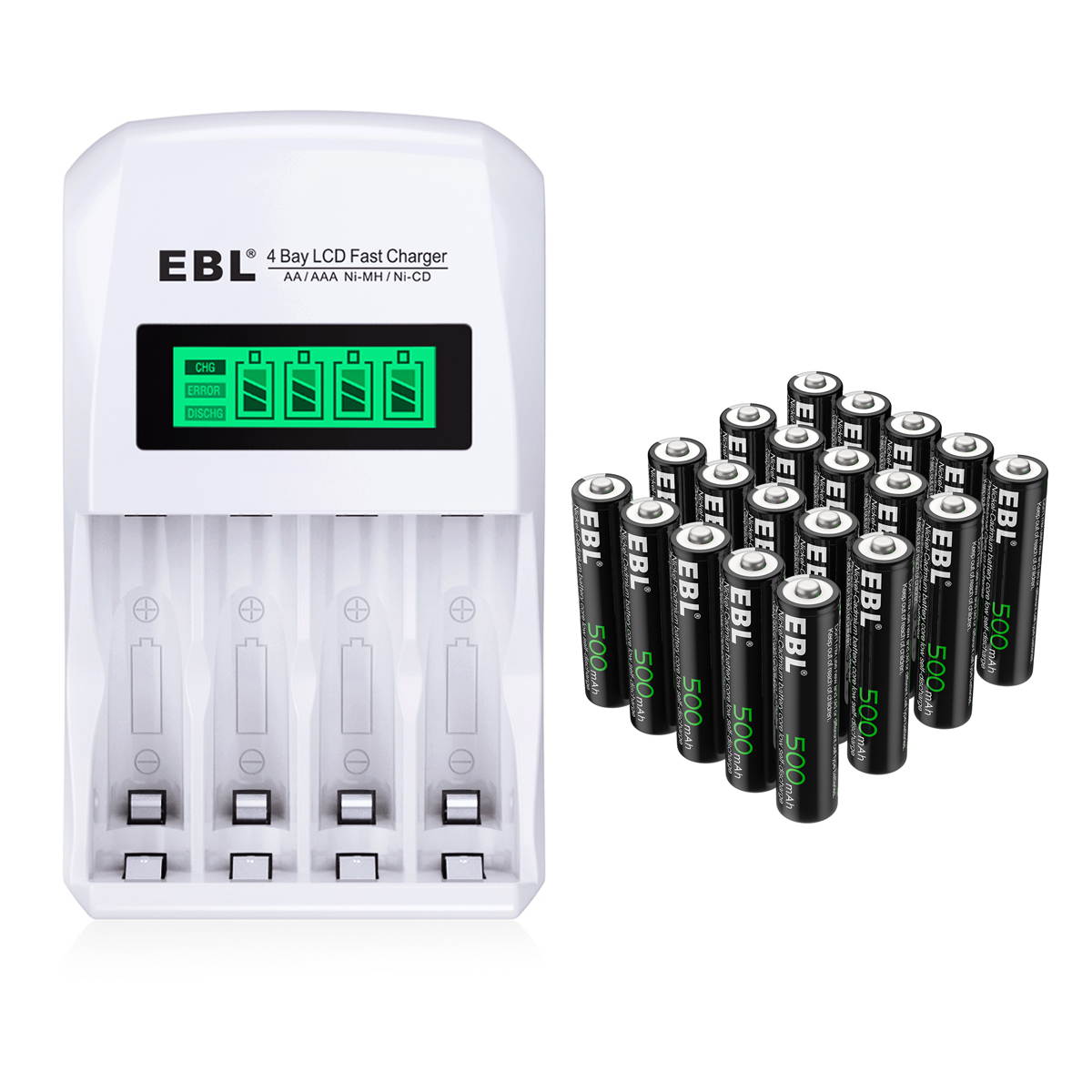 EBL 8 Pcs 500mAh 1.2V AAA Battery for TV Remotes + LCD Smart Individual 907 Battery Charger for AA AAA Ni-MH Ni-CD Rechargeable Batteries