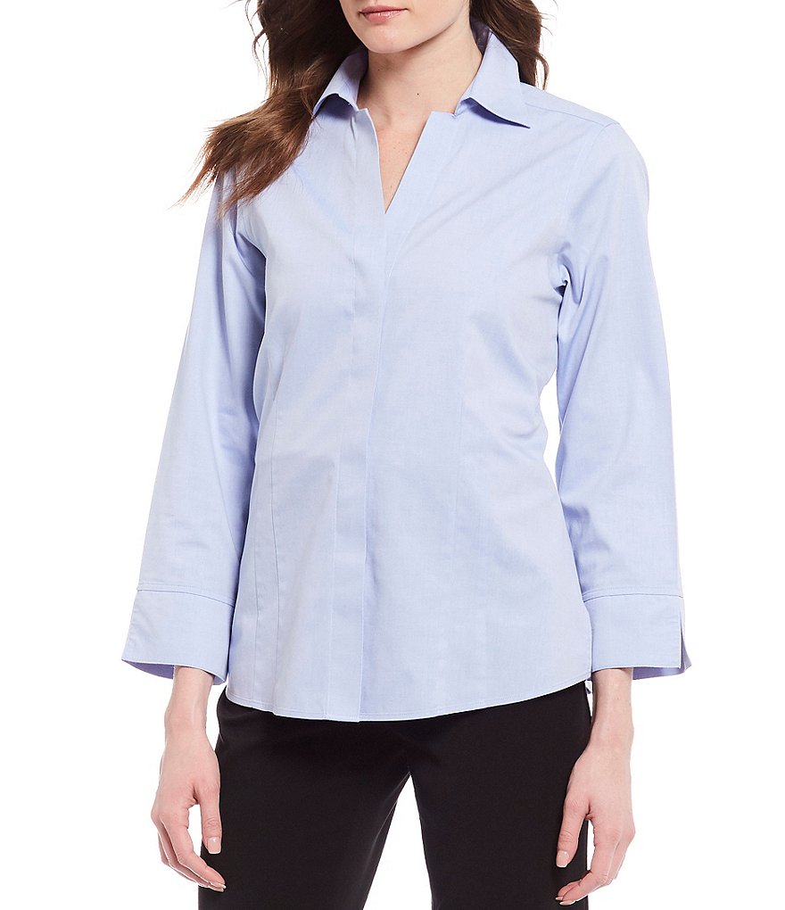 Investments Taylor Gold Label Non-Iron Point Collar Y-Neck 3/4 Sleeve Button Front Shirt