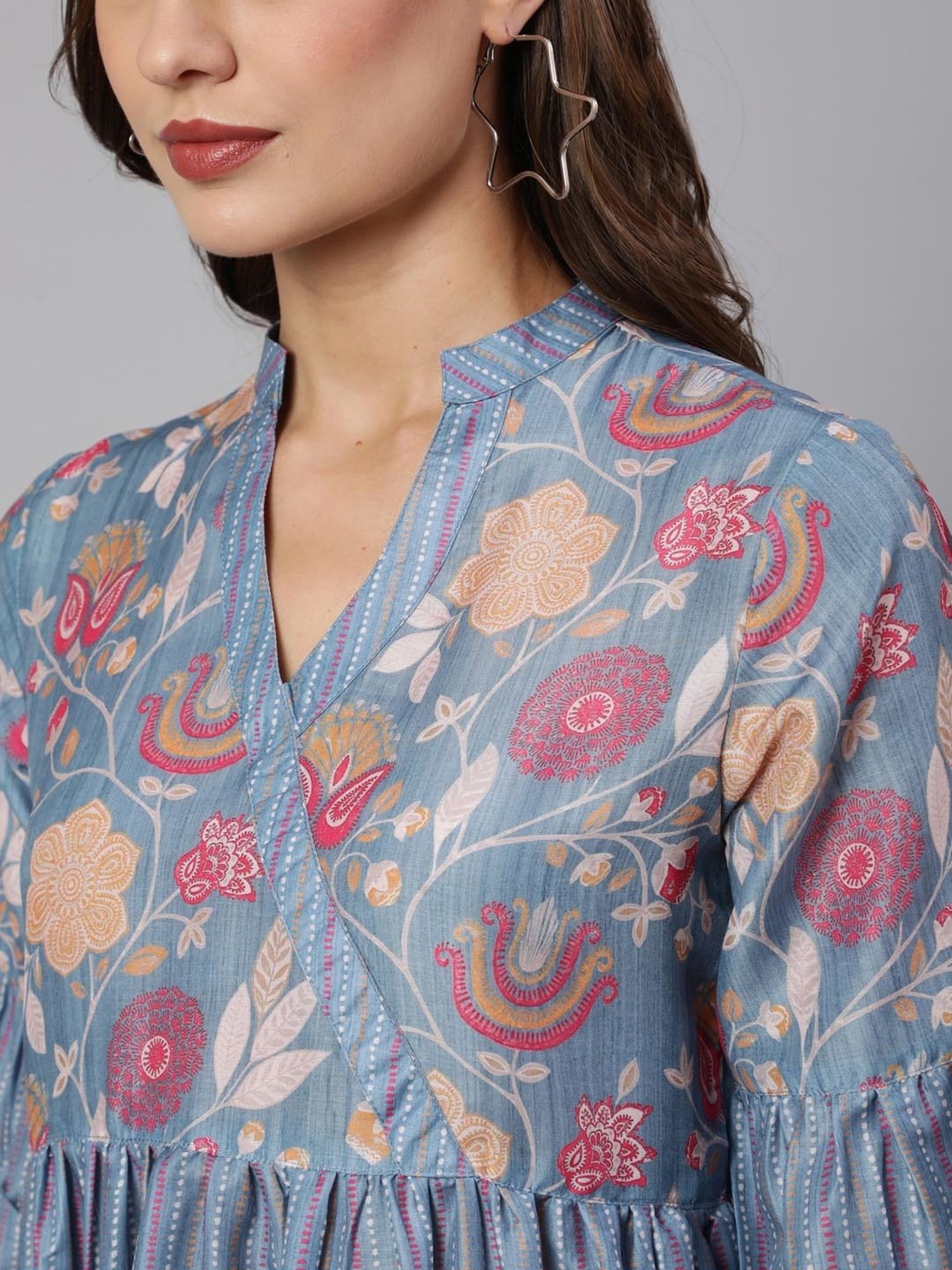 Jaipur Kurti Grey Floral Peplum Top