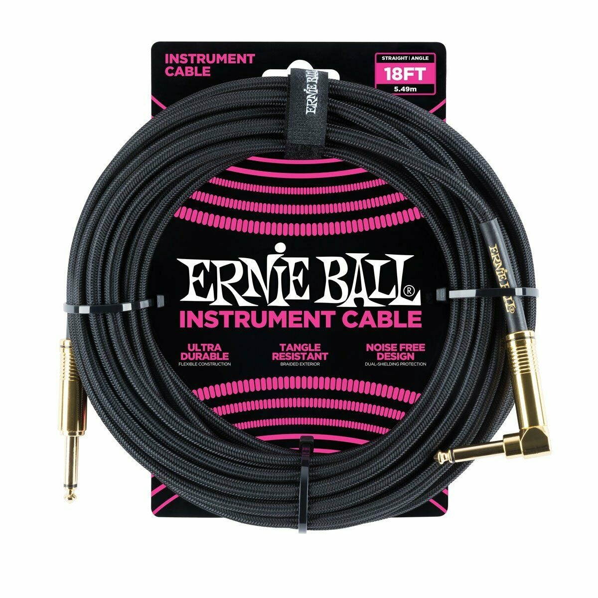 Ernie Ball 6086 18' Braided Black Straight to RA Instrument Cable